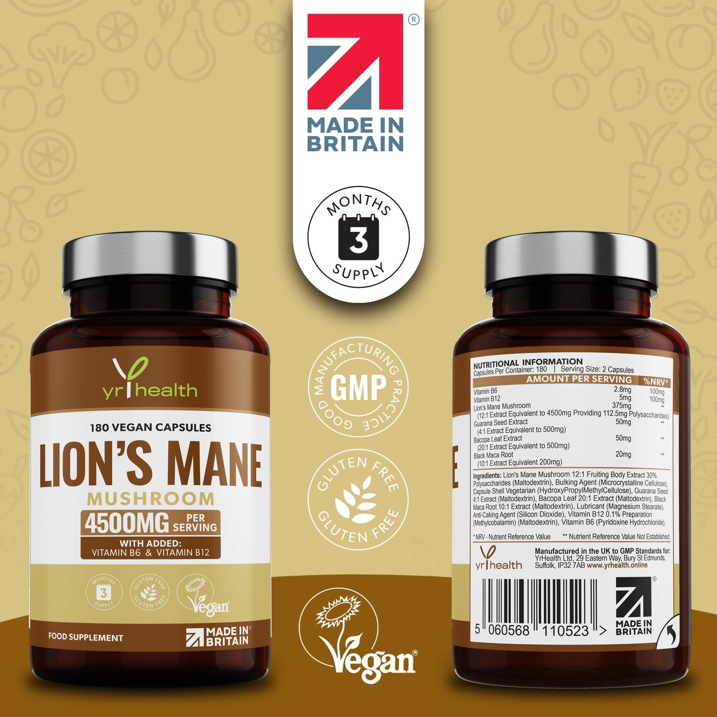yrhealth Lion's Mane Mushroom Supplement 4500mg - 180 Vegan Capsules with Added Vitamin B6 & B12, Supports Immune System & Promotes Digestive Health - 3 Months Supply - Made in The UK by YrHealth