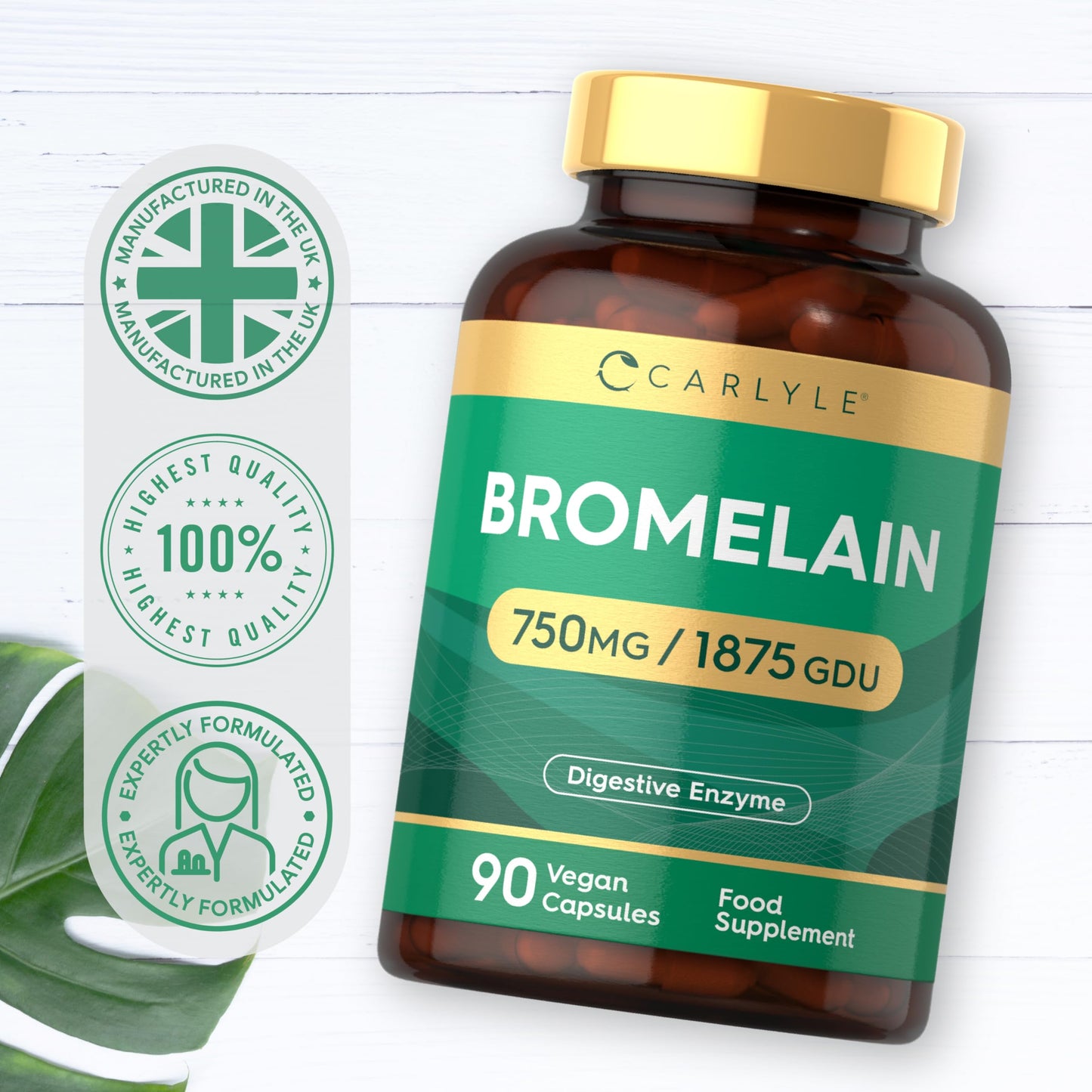 Bromelain High Strength 750mg | 1875 GDU | 90 Vegan Capsules | Digestive Enzyme Supplement | by Carlyle