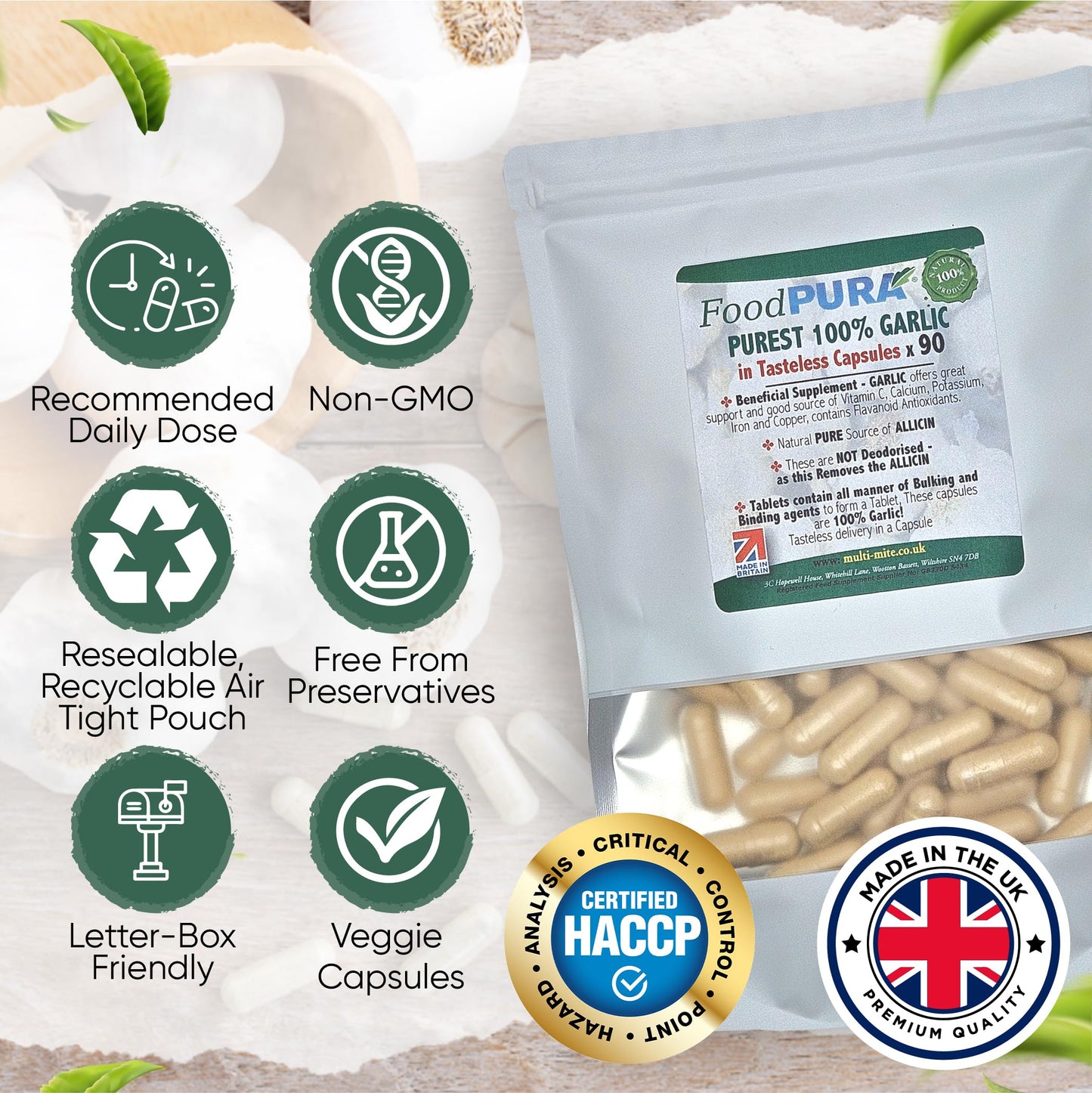 FoodPURA Pure Garlic Capsules Recommended Daily Strength 1000mg HACCP Certified, Manufactured in The UK by FoodPURA 1 Pack of 90 Capsules
