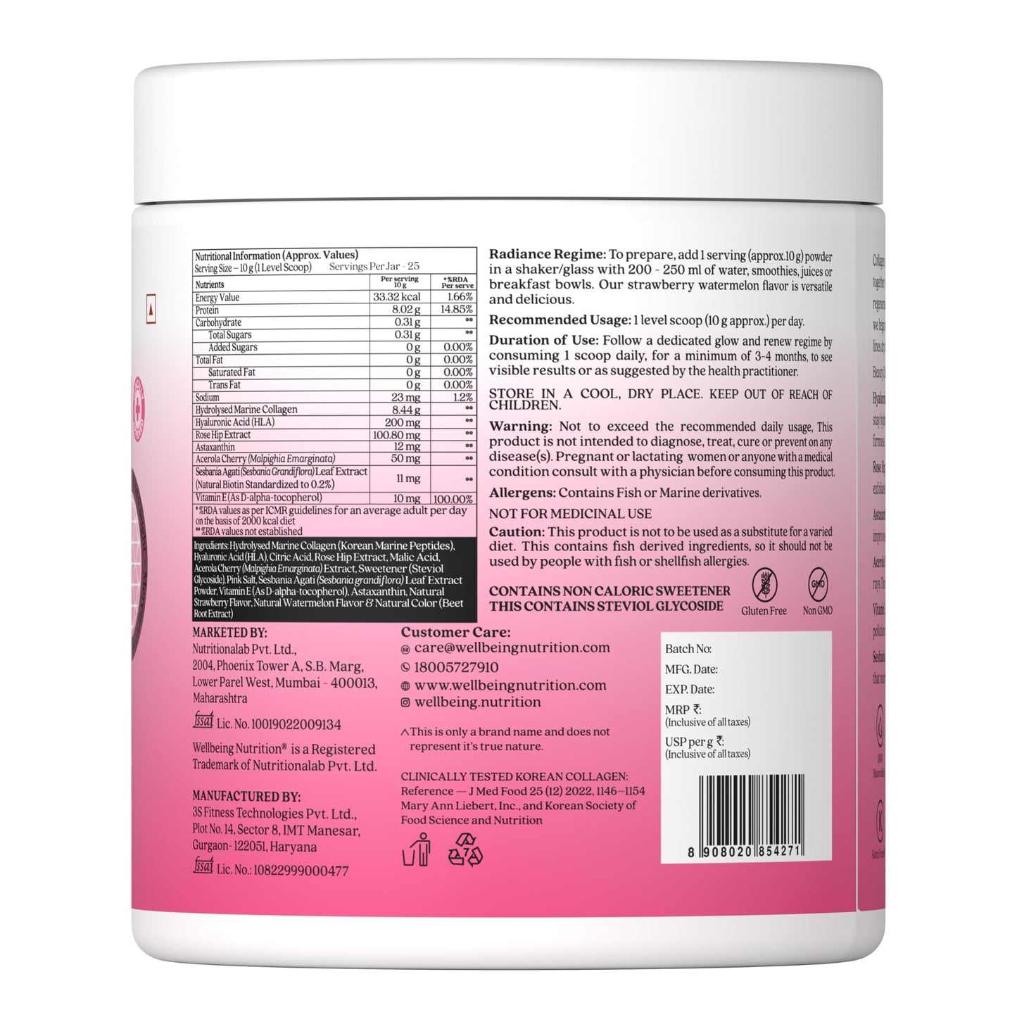 Wellbeing Nutrition Beauty Collagen with Hyaluronic Acid | Collagen Supplements for Women & Men | Collagen Powder with Biotin and Vitamins for Skin Radiance & Anti-Aging | 250g-Strawberry Watermelon