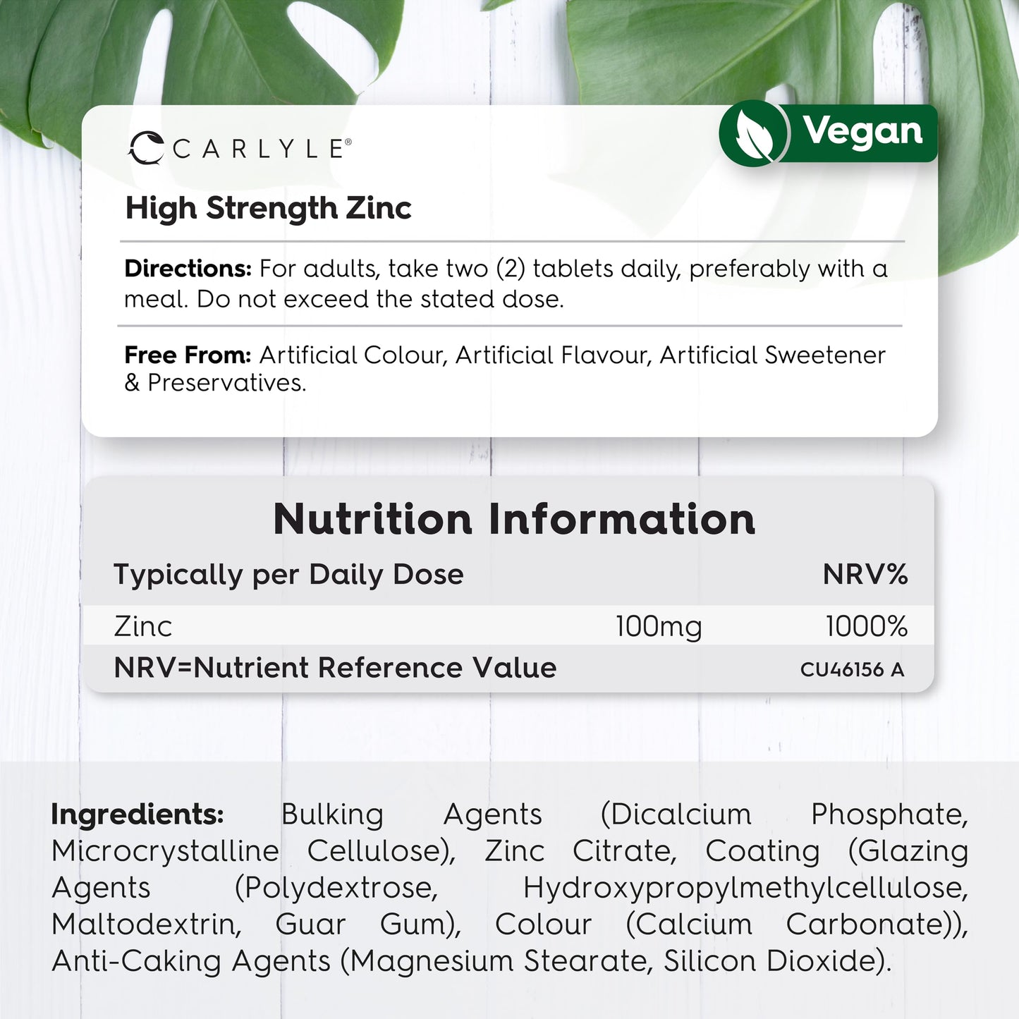 Zinc Supplements 100mg | High Strength Zinc Tablets | 180 Count | Suitable for Vegetarians & Vegans | Carlyle