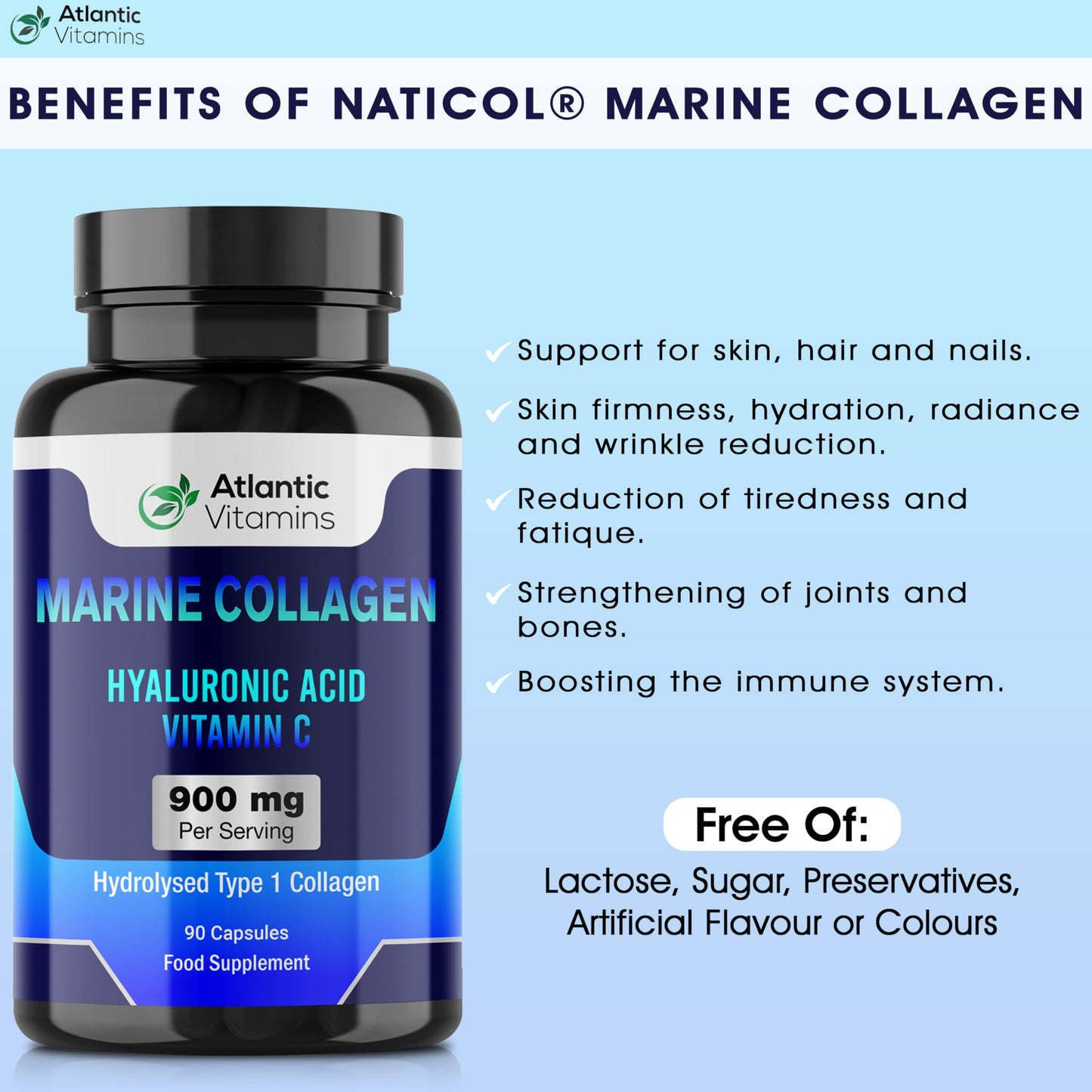 Marine Collagen 900 mg - High Strength 90 Capsules Collagen with Hyaluronic Acid and Vitamin C for Skin, Joints and Hair - Type 1 Hydrolyzed Collagen Supplements for Women & Men - Atlantic Vitamins