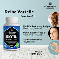 Biotin Hair Growth 10.000 mcg Complex - with Selenium and Zinc - 480 Days Supply for Hair, Skin and Nails - 480 Vegan Tablets - German Quality - Vitamaze®