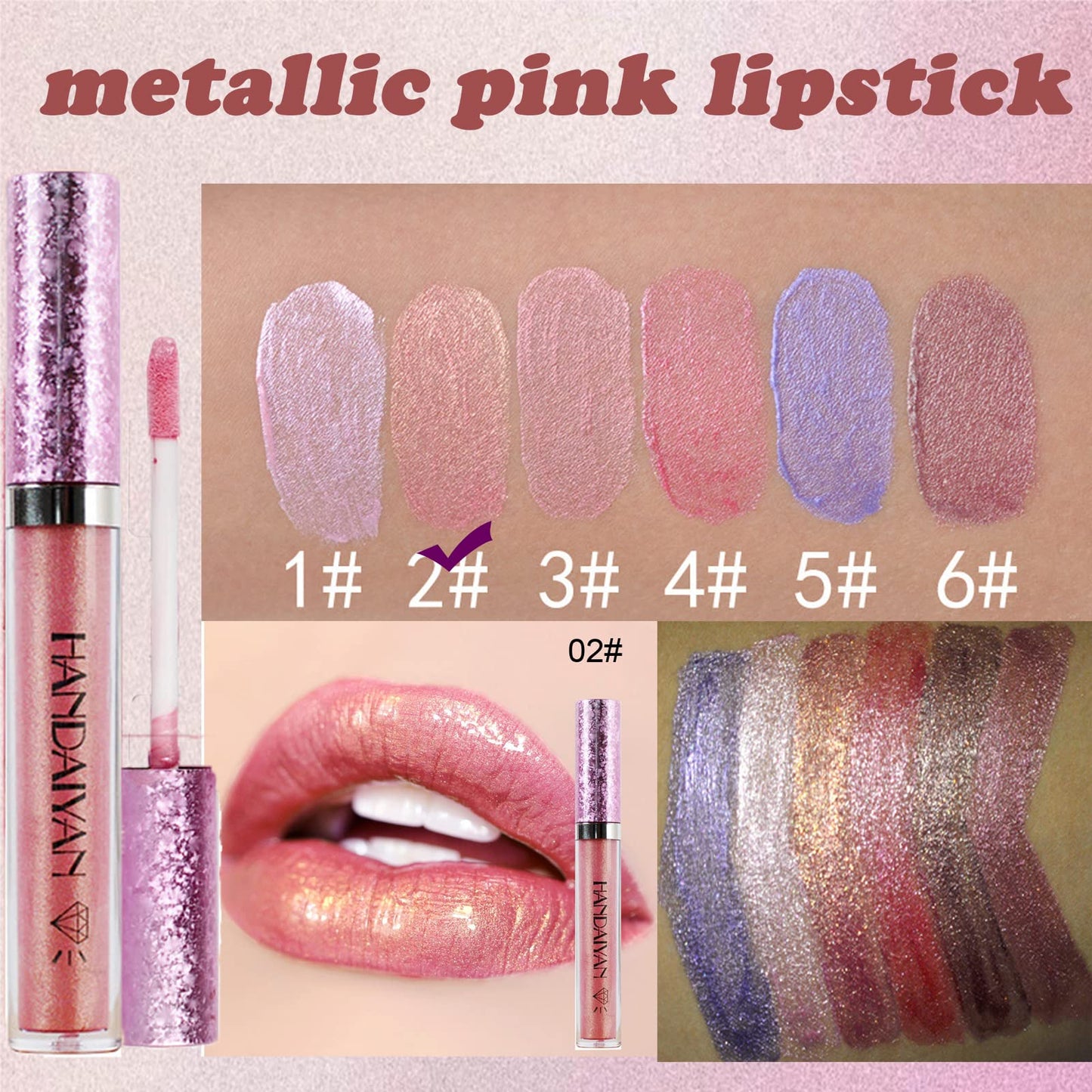 GEEWHILE Lip Gloss Metallic Lipstick Glitter Lipgloss, Shimmer Non-Stick Cup Light Pink Lip Gloss, Lipsticks for Women Long-Lasting Waterproof Metallic Shimmer Liquid Lipstick Sparkle (#02)
