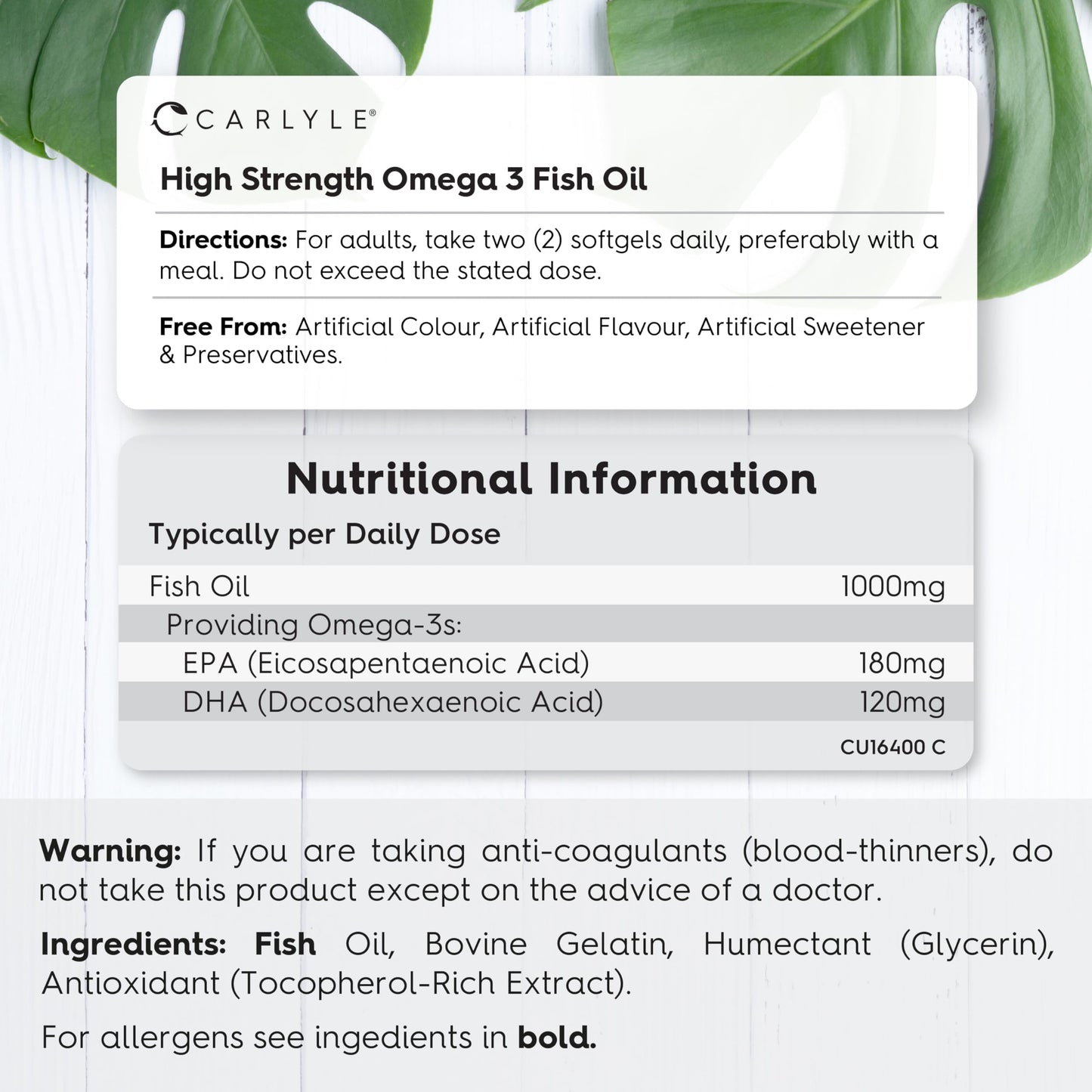 Omega 3 Capsules 1000mg | 180 Count | High Strength Omega 3 Fish Oil Supplement with 120mg of DHA and 180mg of EPA | No Artificial Preservatives | by Carlyle