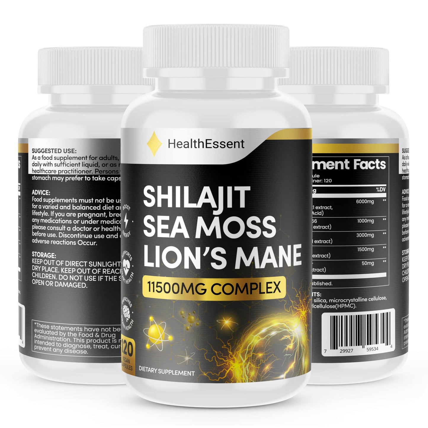 Sea Moss Shilajit Lion Mane 3 in One, with Added Ashwagandha KSM 66 and Black Pepper, 11500mg Superfood Blend for Vitality & Immunity, Energy and Brain Health - 120 Vegan Capsules by HealthEssent