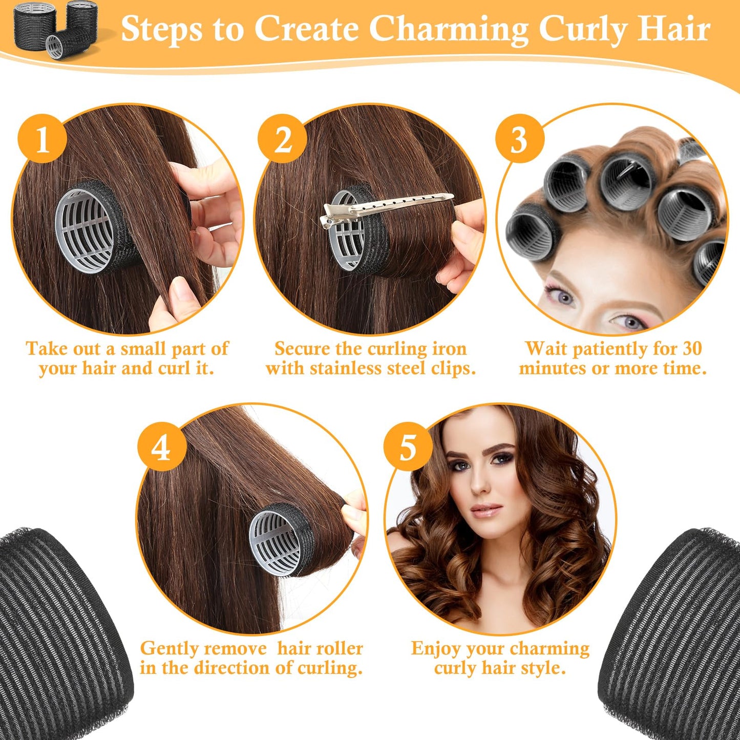 Thrilez 39PCS Hair Curlers Rollers with Clips Black Hair Roller with 3 Sizes 64mm 44mm 33mm, Jumbo Roller with 12PCS Duckbill Clips Hair Rollers for Long Medium Short Thick Fine Volume Bangs