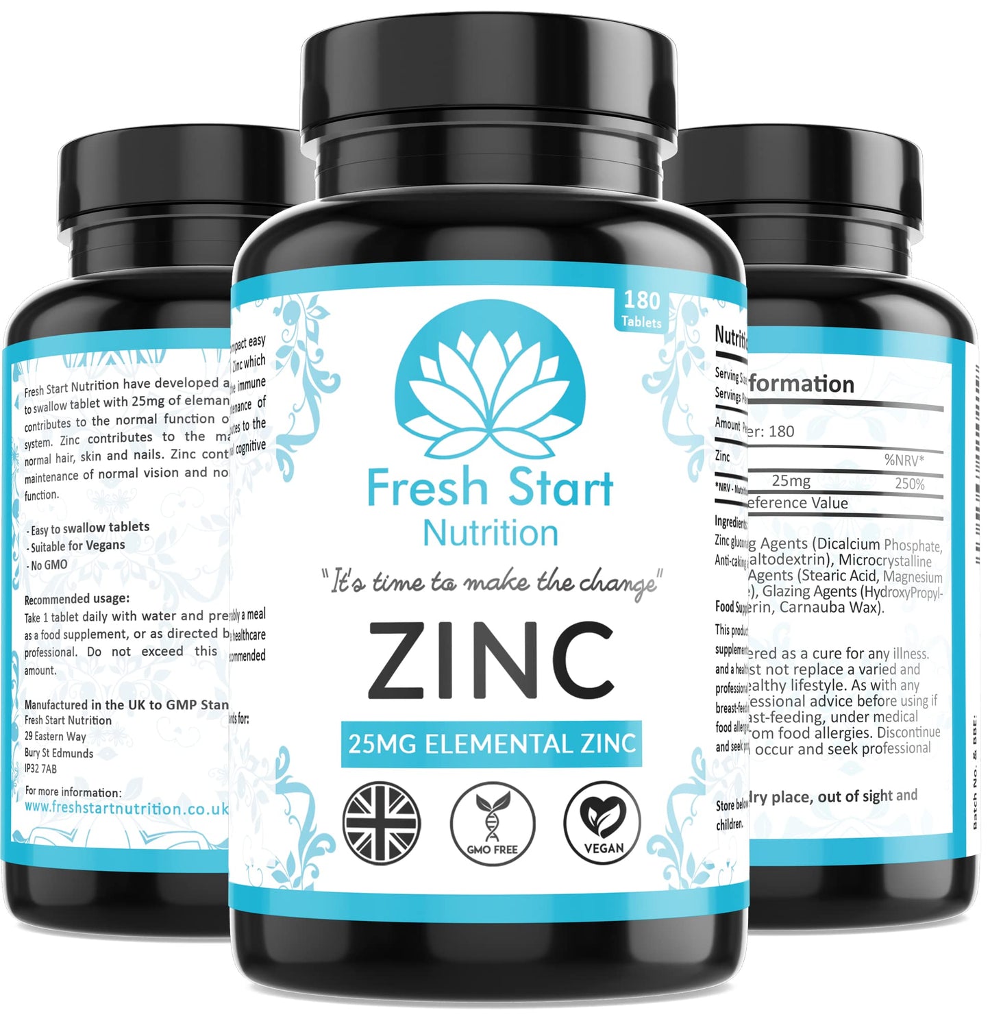 Zinc Tablets 25mg – Zinc Tablets High Strength for Maintenance of Normal Immune System, Hair, Skin, Nails & Bones Zinc Supplements - 180 Vegan Tablets – Made in The UK by Fresh Start Nutrition