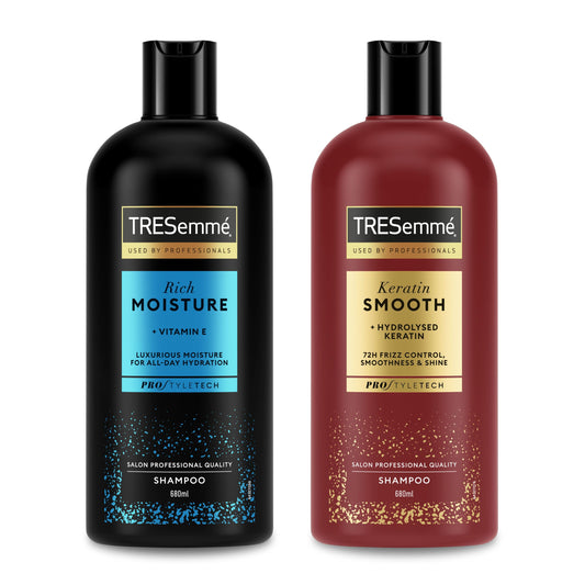 TRESemmé Rich Moisture luxurious moisture Shampoo for damaged hair 1x680 ml & TRESemmé Keratin Smooth Shampoo hair care product with hydrolysed keratin for 72h frizz control & shine 1x680 ml 2 piece