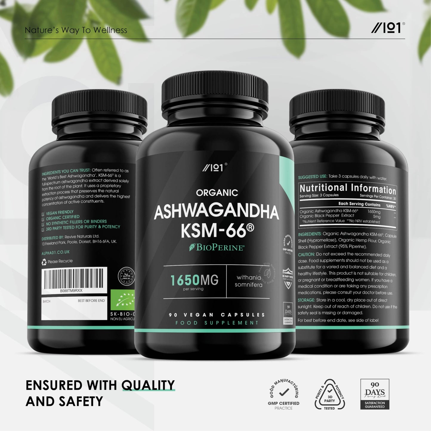 ALPHA01 Organic Ashwagandha KSM-66® with BioPerine® - 1650mg - 5% Withanolides - Most Bioavailable Full-Spectrum Root Extract - Not Tablets or Powder - 90 Vegan Capsules