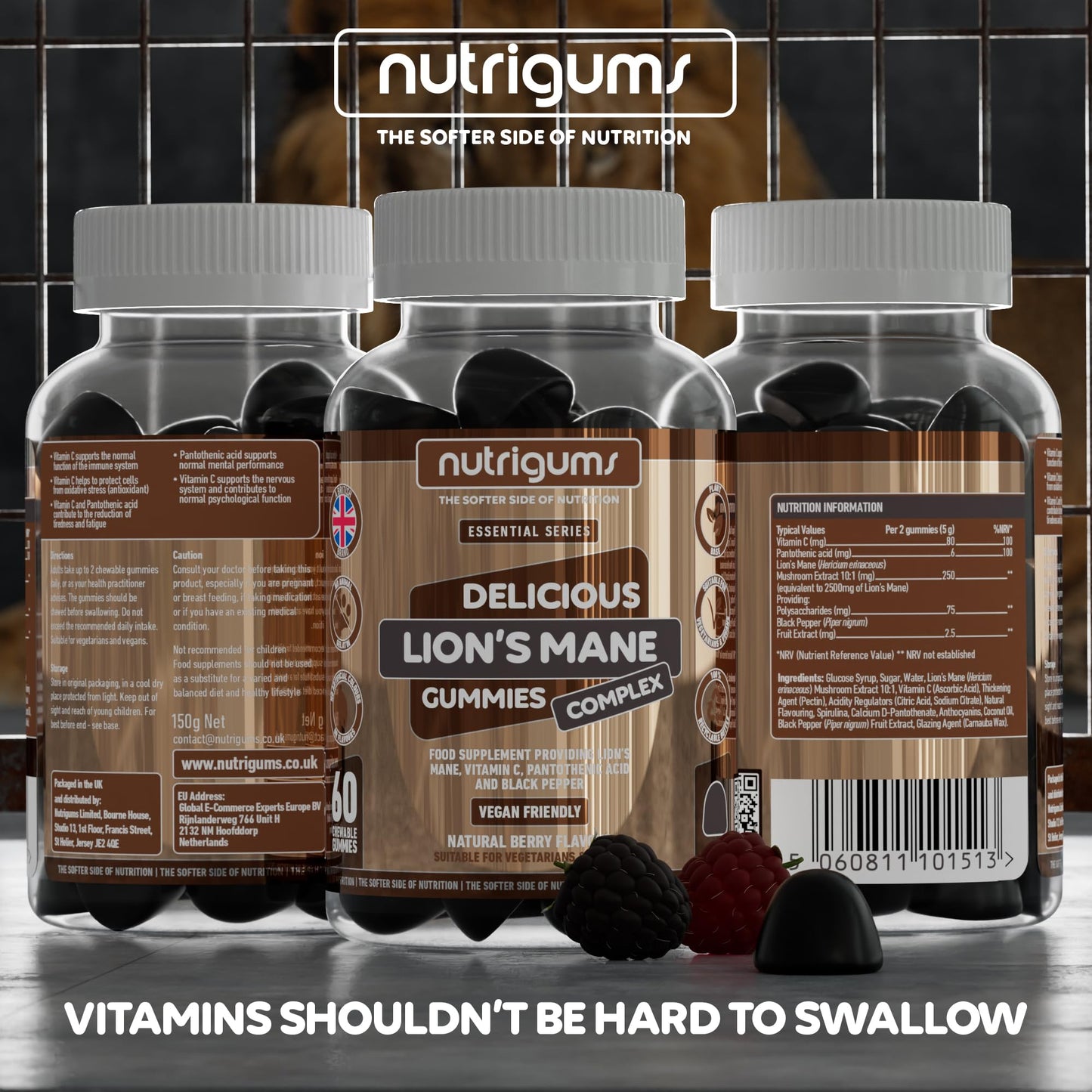 Nutrigums Lion's Mane Mushroom Gummies 2500mg High Strength | 60 Vegan Brain & Focus Supplements | with Vitamins & Black Pepper Extract | Mental Performance & Tiredness Support | Berry Flavour by NUTRIGUMS®