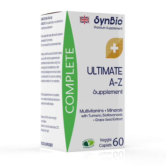 SynBio Premium+ - Ultimate A-Z Multivitamins | 60 Caplets | Vegetarian Certified - Nut Free - Vegetarian Society Approved - SOYA Free - Dairy Free - Essential Multivitamin + Minerals