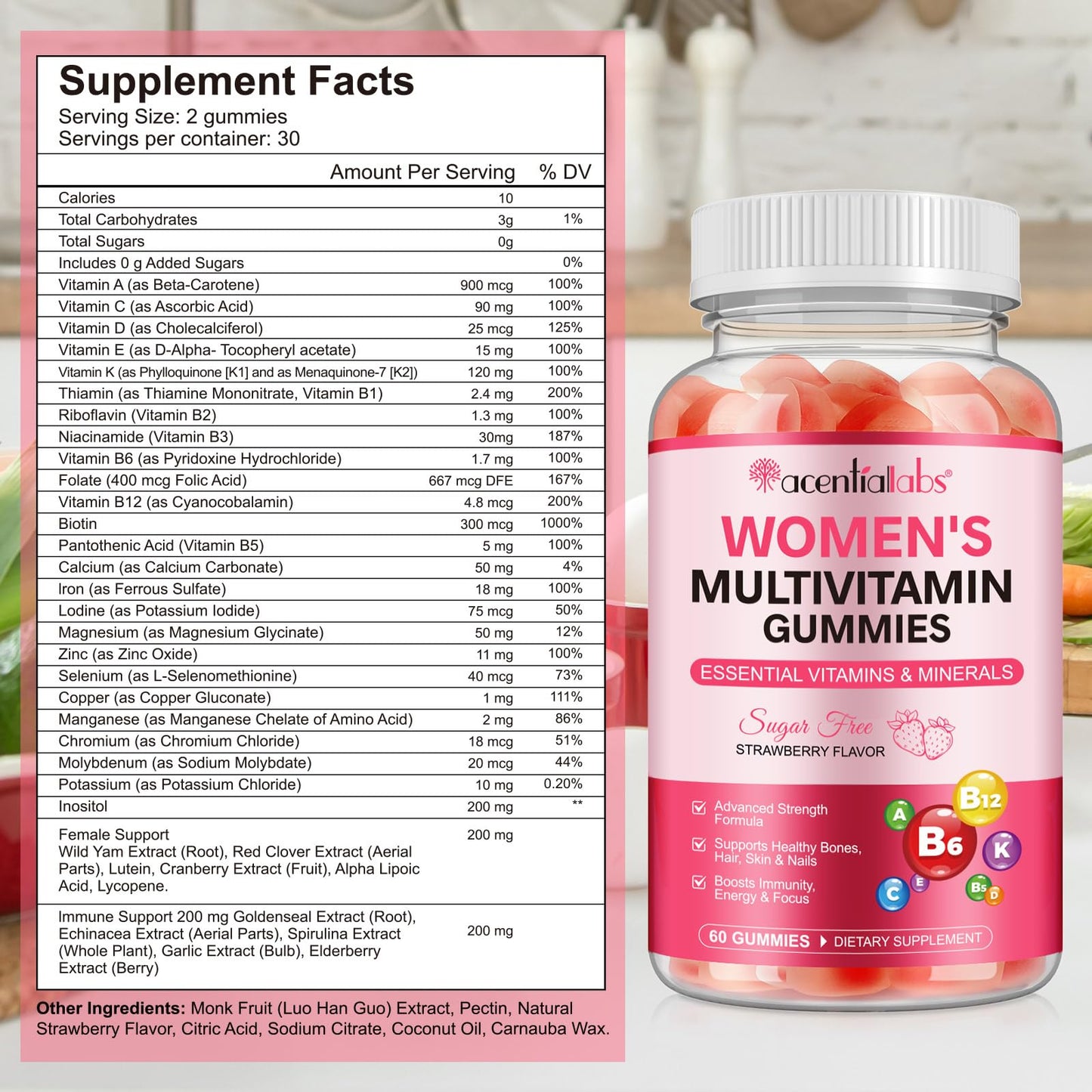 VOSIFSDIY Womens Multivitamin Gummy 60p, Multivitamin for Women, Boosts Healthy Bones Hair Skin and Nails, Boosts Immunity Energy, Strawberry Flavor