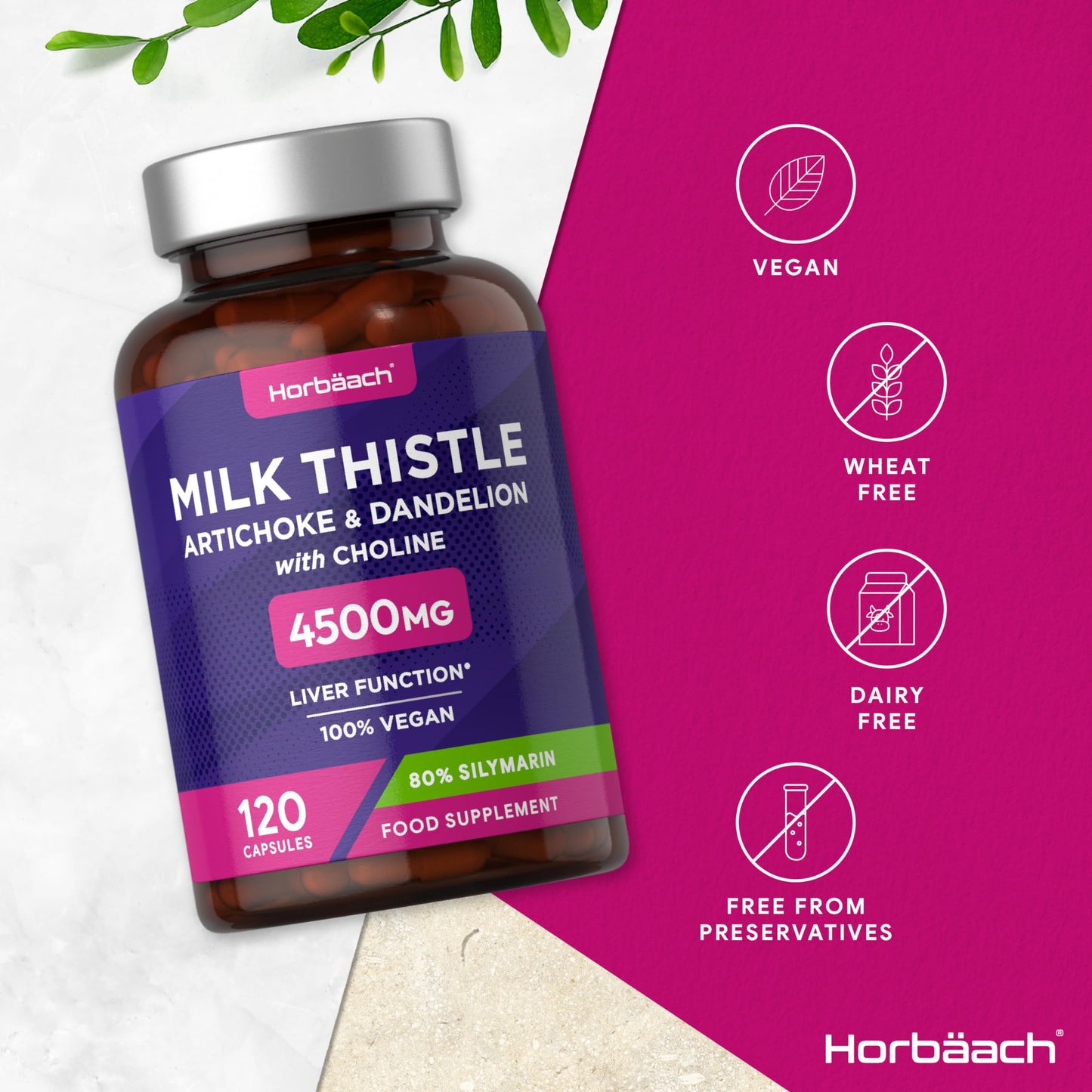 Milk Thistle Capsules 4500mg | 80% Silymarin | Hisht Strength Complex with Artichoke, Dandelion and Choline | 120 Capsules | 100% Vegan Supplement | by Horbaach