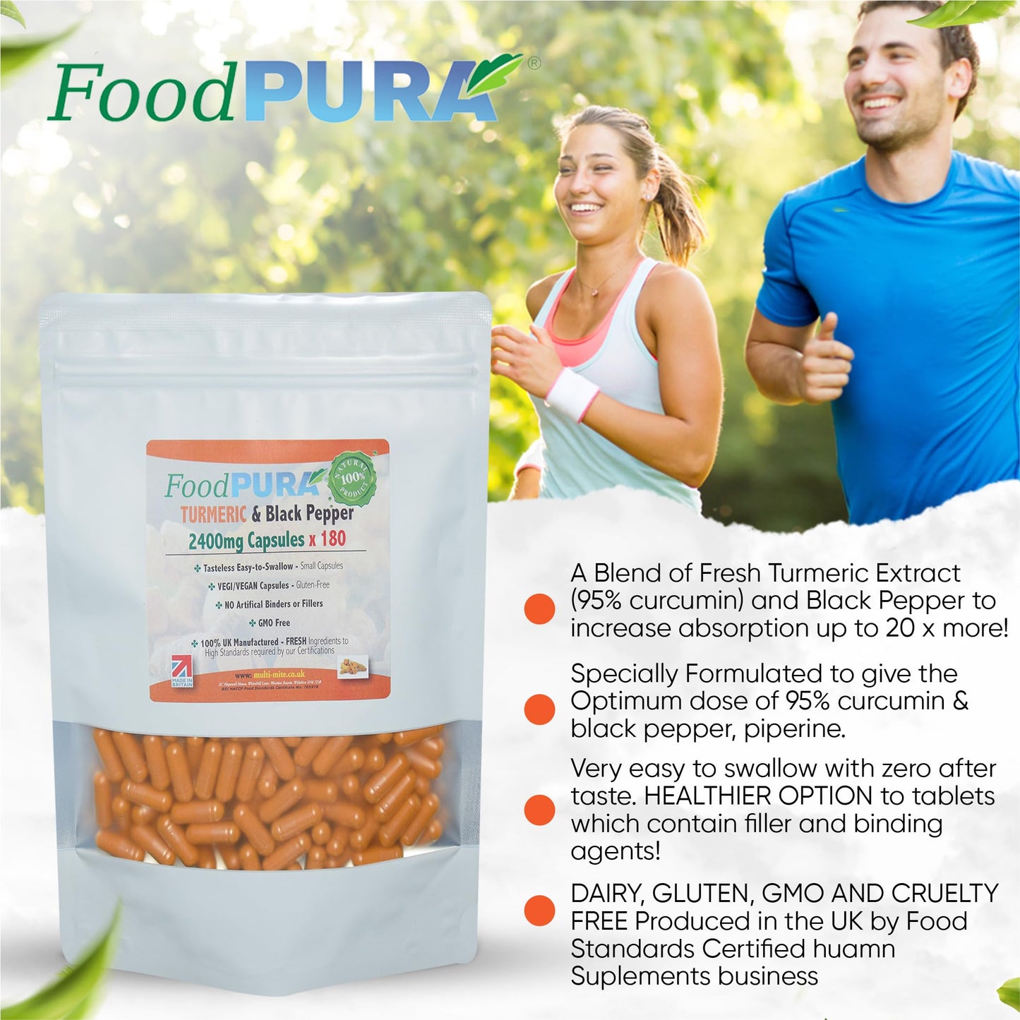 FoodPURA Turmeric with Black Pepper Capsules High Strength 2400mg HACCP Certified, Manufactured in The UK by FoodPURA 1 Pack of 180 Capsules