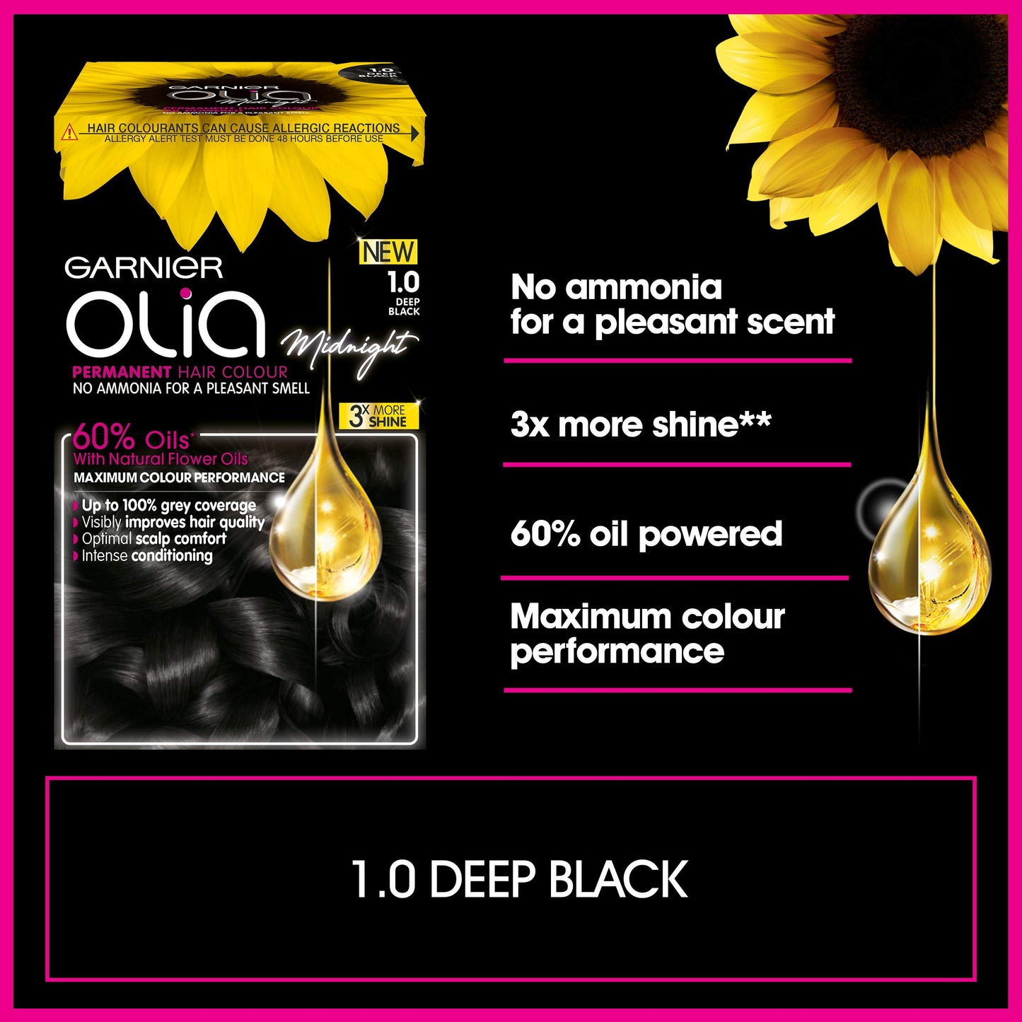 Garnier Olia Permanent Hair Dye, Up to 100% Grey Hair Coverage, No Ammonia, 60% Oils, Midnight 1.0 Deep Black