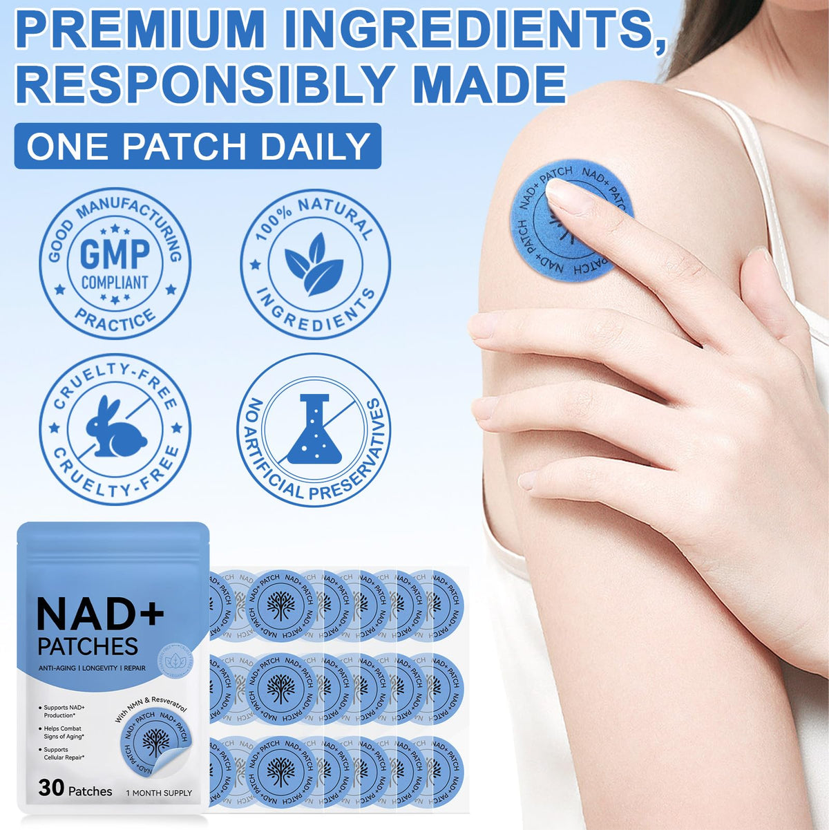 APCKFLEE NAD+ Patches for Women, NAD+ Patch for Anti-Aging and Wellness Support, Nicotinamide, Vitamin C, Premium 8-Hour Time-Release Formula, Vegan, 30 Count