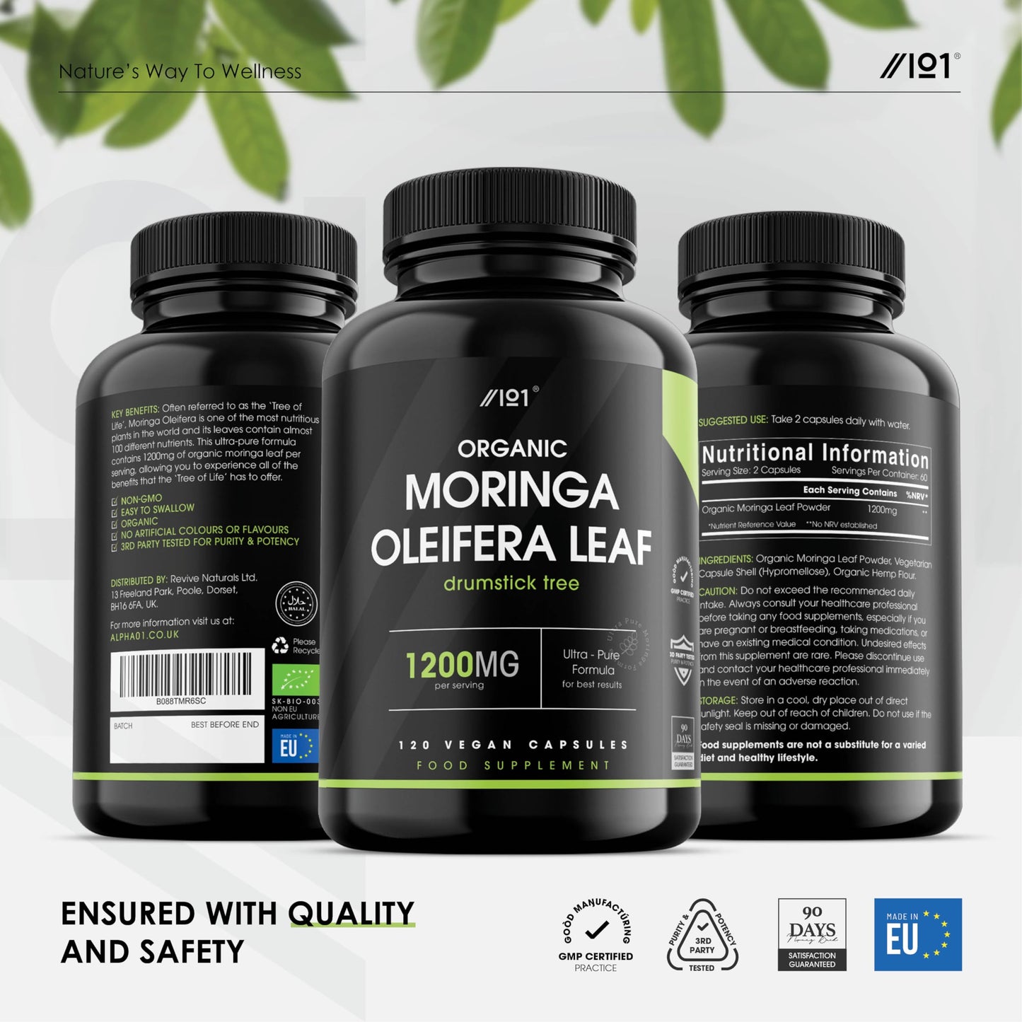 ALPHA01 Organic Moringa 1200mg - 120 Capsules - Raw Moringa Oleifera Leaf - Rich in Vitamins, Antioxidants & Amino Acid (2 Months Supply) by Alpha01