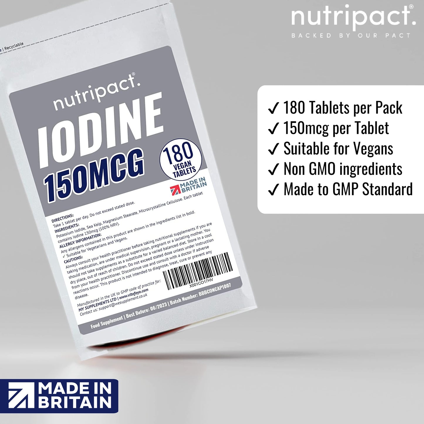 nutripact Iodine Supplement 150mcg Tablets - 180 Vegan Tablets - 6 Month Supply - Source of Iodine from Potassium Iodide - Suitable for Vegans - UK Made