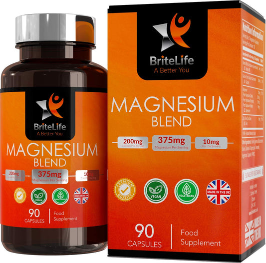 BriteLife BL Magnesium Malate, Glycinate & Citrate Triple Complex | 90 Magnesium Capsules - 375mg Magnesium Citrate, Malate & Magnesium Glycinate with Zinc, Calcium & Vitamin B6 | Non-GMO, Dairy & Gluten Free