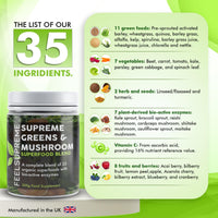 Super Greens Powder with Mushroom Large 300g 35 Nutrient Dense Superfoods 100% Natural No Added Sugar Naturally High in Fibre Protein & Vitamin C Spirulina Turmeric Wheatgrass