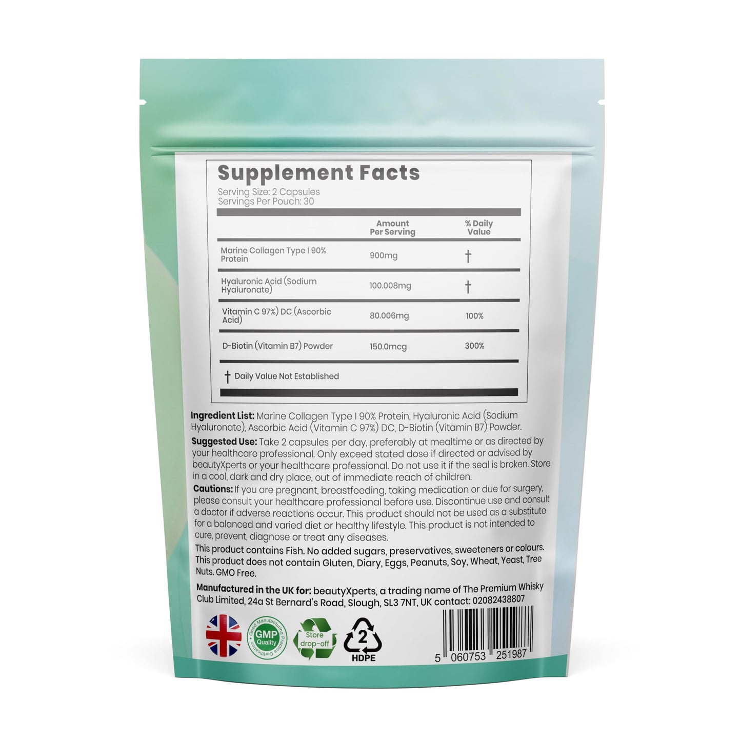 BeautyXperts Marine Collagen Capsules | with Biotin, Hyaluronic Acid & Vitamin C | High Strength Pure Collagen Peptides Supplements for Women and Men | 60 Capsules (Not Tablets or Powder)