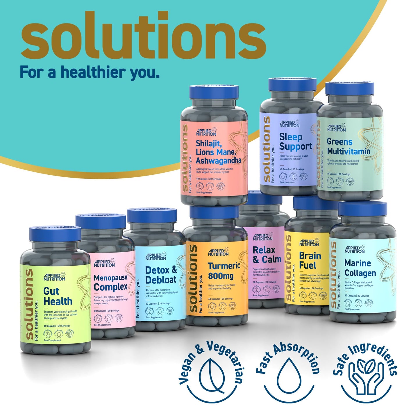 Applied Nutrition - Solutions - Marine Collagen - High Strength Type I Hydrolysed Collagen Capsules - Skin, Hair, Nail & Joint Support - 60 Capsules - 30 Servings