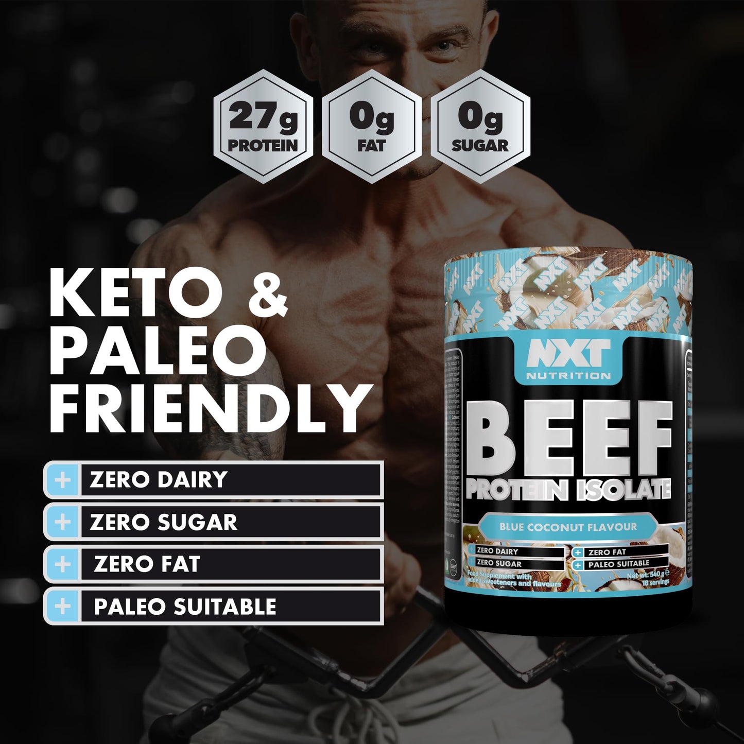 NXT Nutrition NXT Beef Protein Isolate 540g - High Protein Powder in Natural Amino Acids - Paleo, Keto Friendly - Dairy and Gluten Free - 540g - Blue Coconut