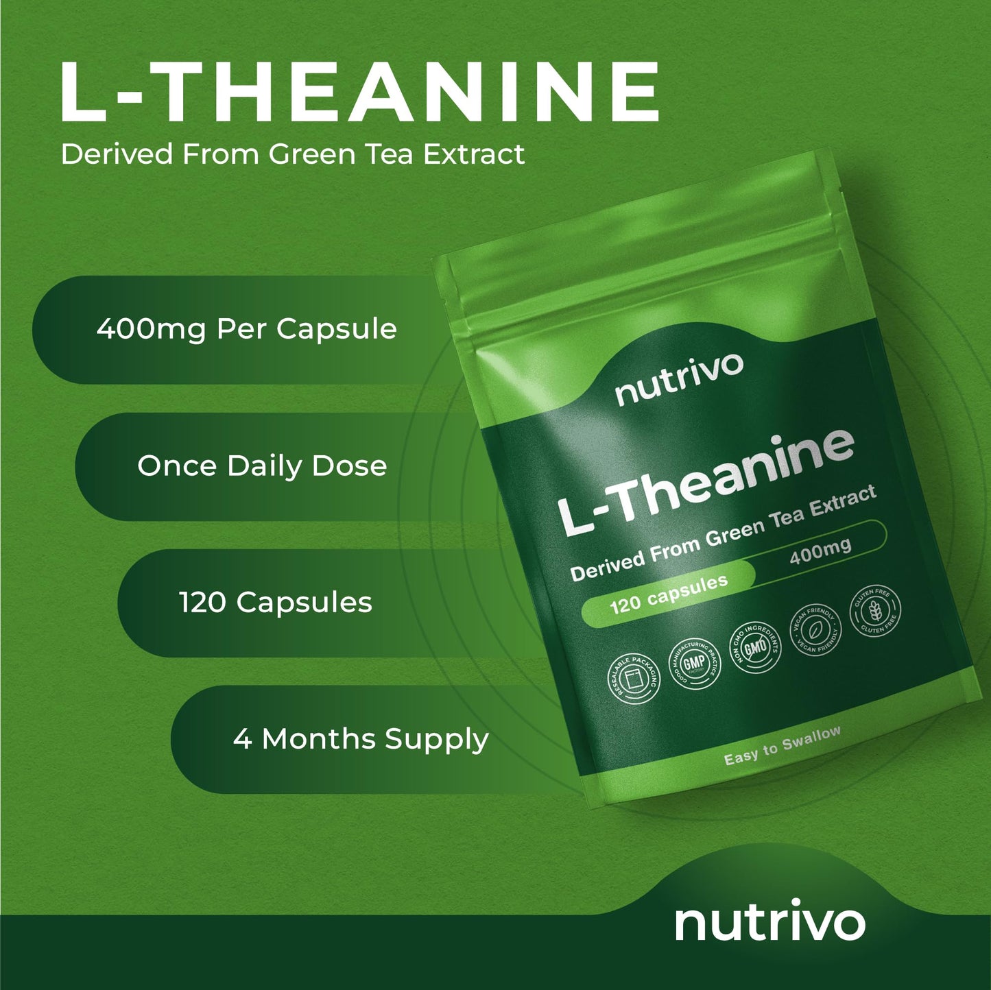 L Theanine 400mg | 120 Vegan Capsules - 4 Months Supply | Good Alternative to L-Theanine Powder, Gummies and Drops | UK Made L'Theanine Supplement