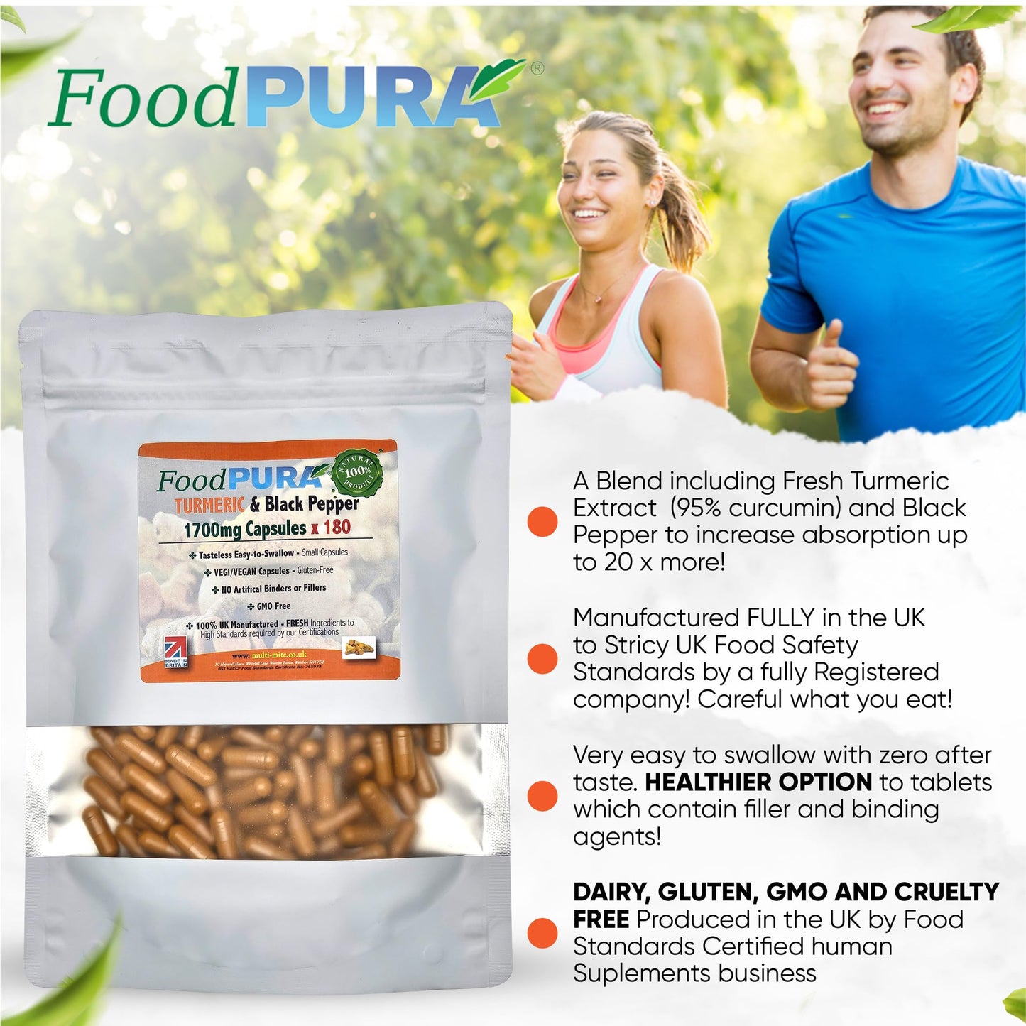 FoodPURA Turmeric with Black Pepper Capsules High Strength 1700mg HACCP Certified, Manufactured in The UK by FoodPURA 1 Pack of 180 Capsules