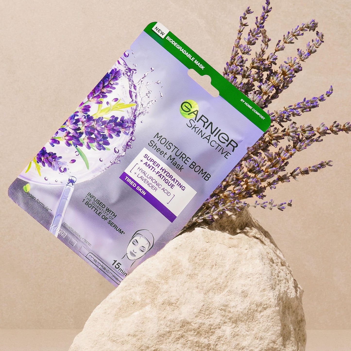 Garnier Moisture Bomb Lavender and Hyaluronic Acid Sheet Mask, Hydrating & Relaxing Face Mask, With Lavender Essential Oil To Revive Fatigued Skin, Biodegradable and Vegan Tissue, 28g