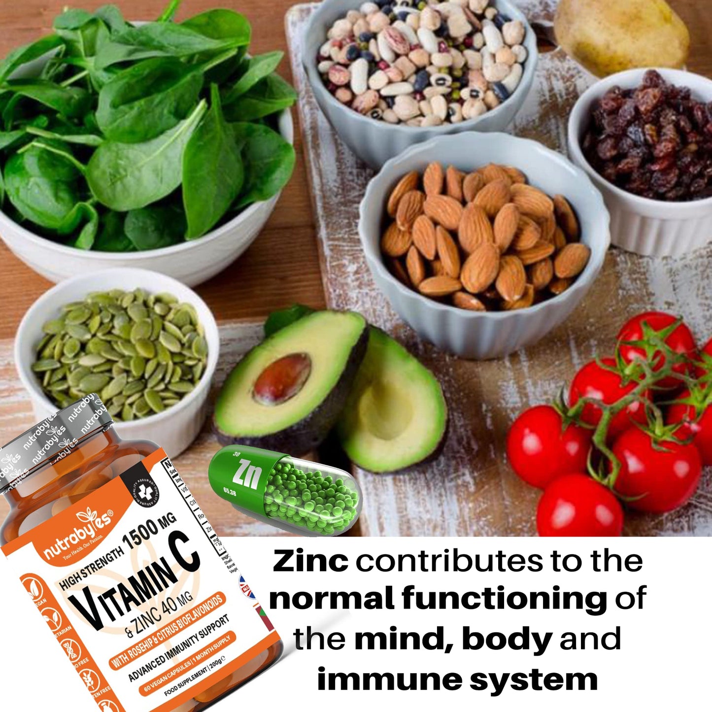 Vitamin C and Zinc Capsules | High Strength Vitamin C 1500mg and Zinc 40mg | Enhanced with Rosehip and Citrus Bioflavonoids | for Maintenance of Normal Immune System | 60 Vegan Capsules | Made in UK