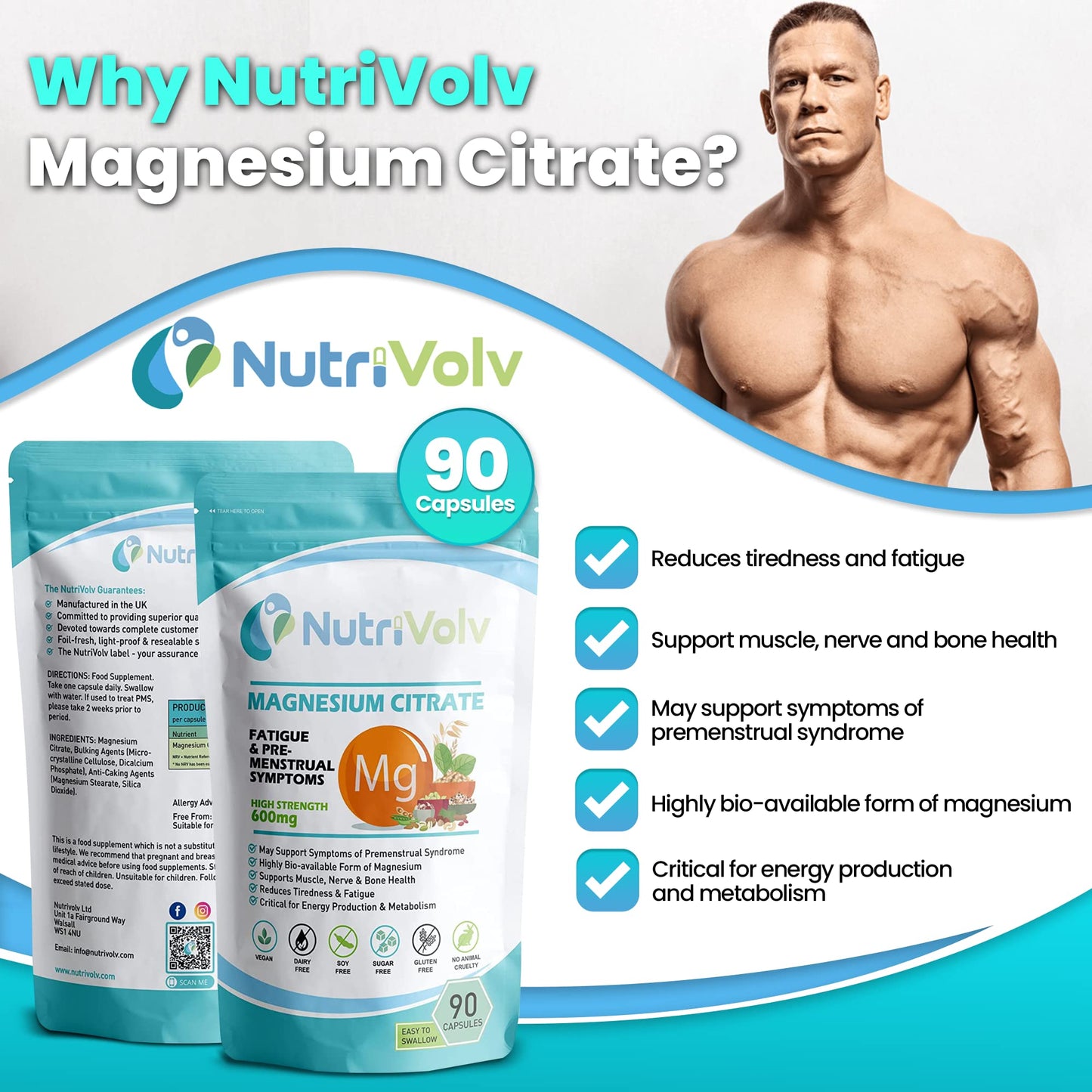Magnesium Citrate 600mg | Providing 180mg Elemental Magnesium Per Serving | 90 Vegan Capsules (3 Months Supply).| Supports Muscle and Bone Health.