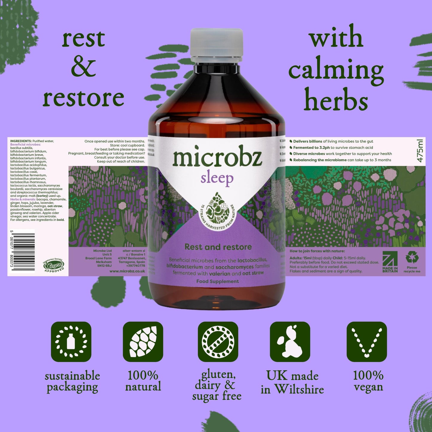 MICROBZ Sleep Liquid PROBIOTIC – Bio Culture Complex Probiotics for Gut Health & Sleep Aid Support Supplement, Multi Strain Live Friendly Bacteria for Women, Men & Kids - Vegan | 1 Month Supply