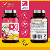 yrhealth Kids Vitamin D3 1000 iu High Strength - Chewable Raspberry Flavour Vitamin D for Kids 4-12 Years, Vegan Society Registered Tablets not Gummies - 2 Months Supply - Made in The UK by YrHealth