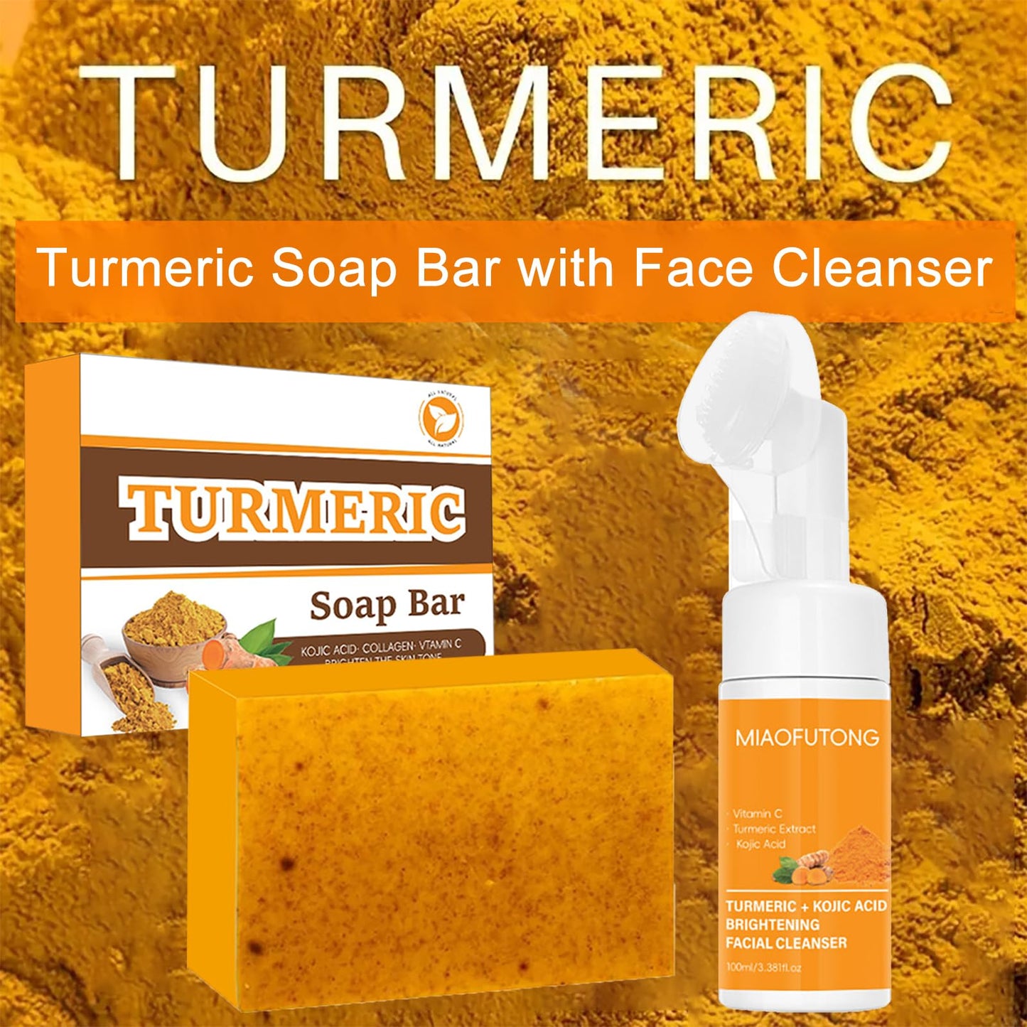 Turmeric Soap Bar with Facial Cleanser - Natural Kojic Acid, Collagen, Vitamin C, Dark Spot Remover for Even Skin Tone, Acne, Dark Spots, Smooth Skin