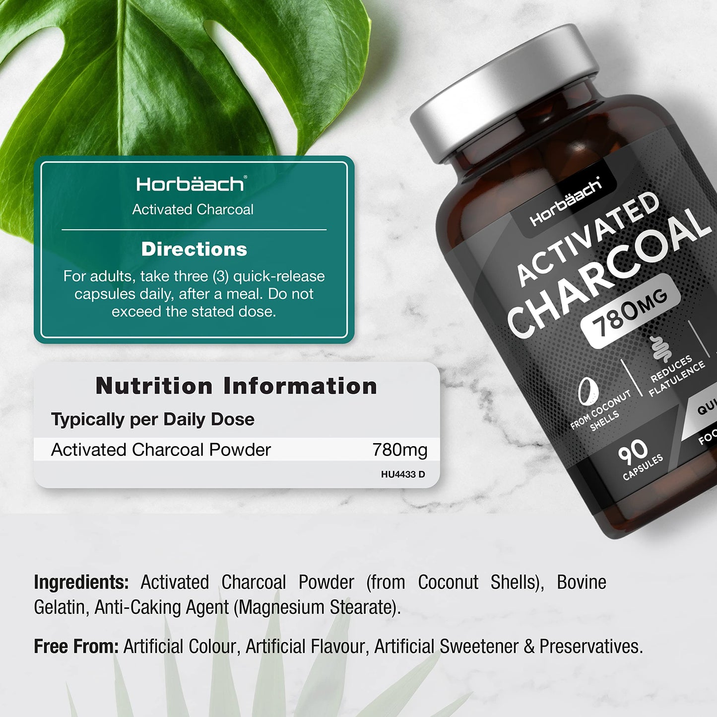 Activated Charcoal Capsules | High Strength 780mg | Digestion Supplement from Natural Coconut | 90 Tablets | by Horbaach