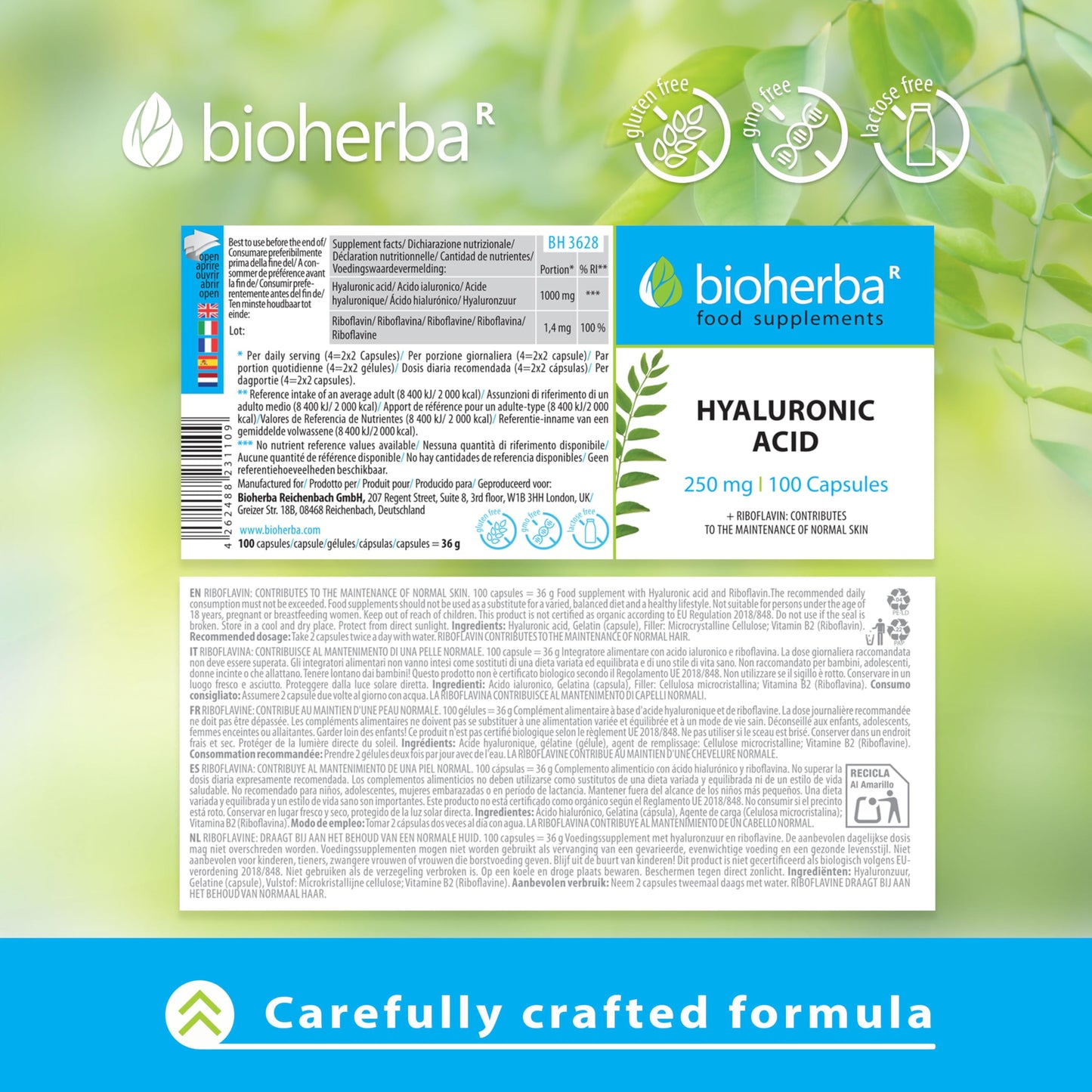 Hyaluronic Acid 250 mg – 300 Capsules with Vitamin B2 | Daily Supplement for Skin Hydration and Wellness by BIOHERBA