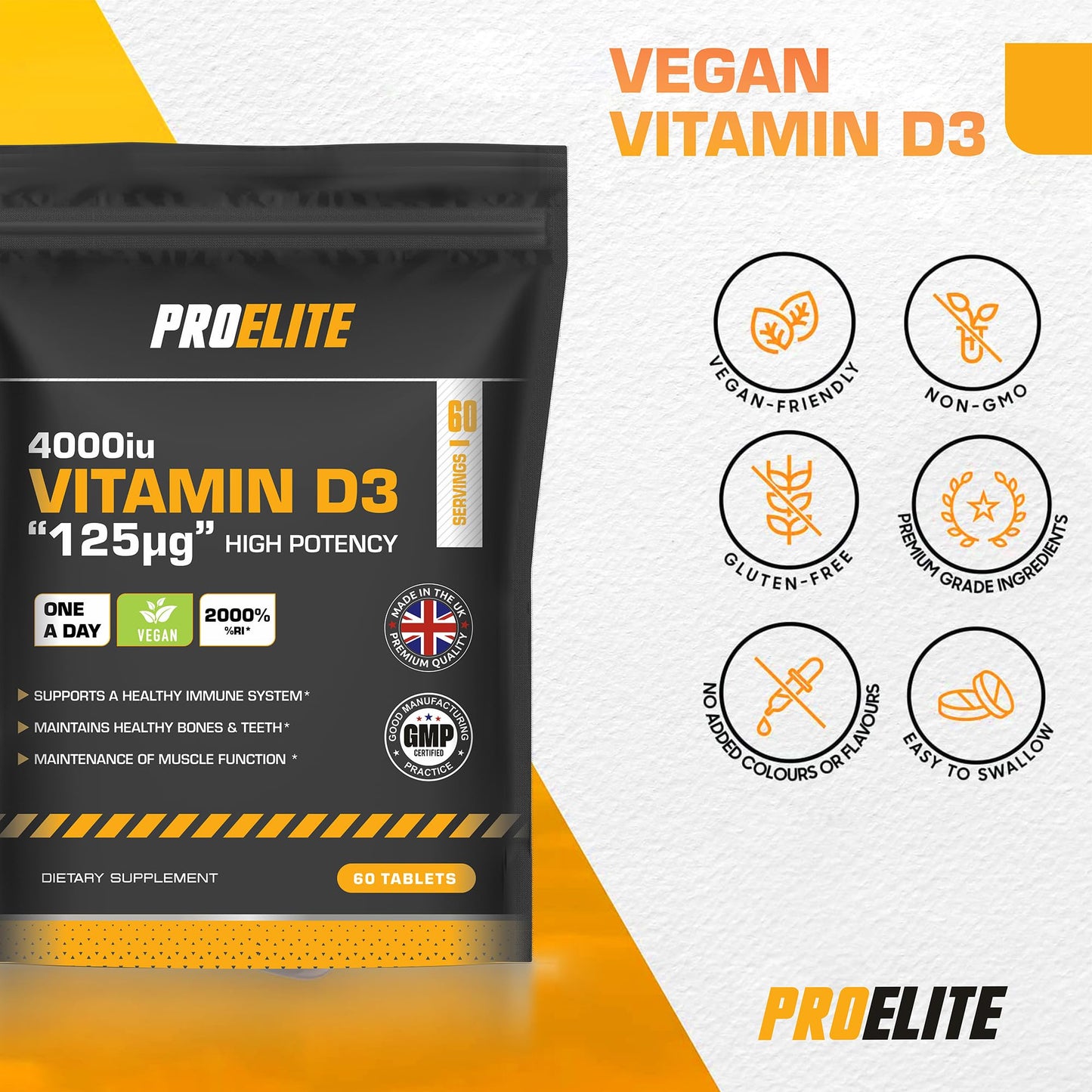 PROELITE Vitamin D3 4000 iu - Vitamin D Tablets - 180 Tablets - Vegan - Vitamin D Supplements - Immune System Booster - Made in The UK - Gluten Free