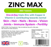 Lindens Zinc Max Tablets - 360 Pack - Triple Zinc with Copper and Vitamin C - Immune System, Bones, Vision, Hair, Nails, and Skin - UK Manufacturer, Letterbox Friendly