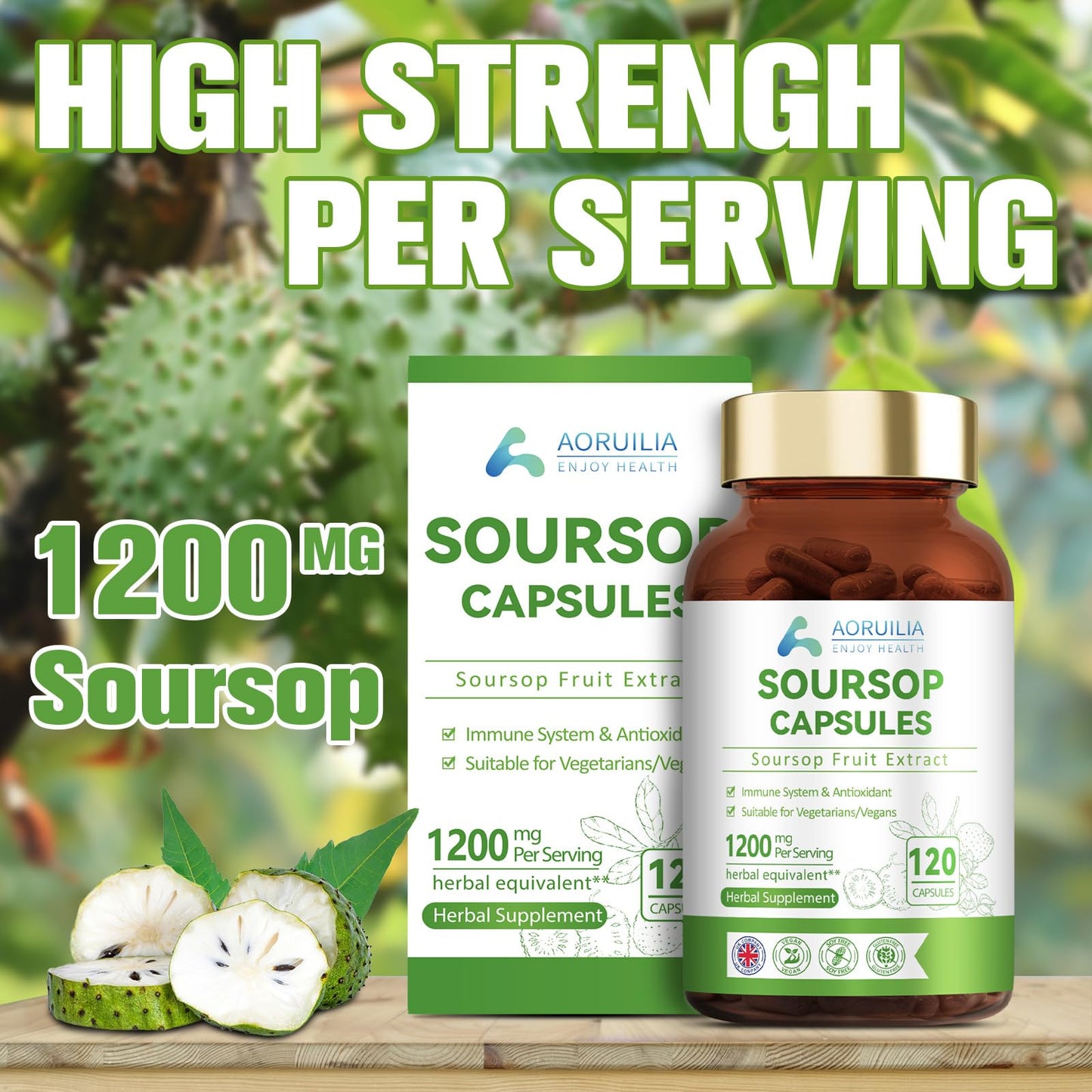 Aoruilia Soursop Capsules with Vitamin C - 1200mg Soursop per Serving - Soursop Fruit Extract Capsules for Immune & Antioxidant, Herbal Supplement for Men & Women, Natural & Vegan - 120 Capsules