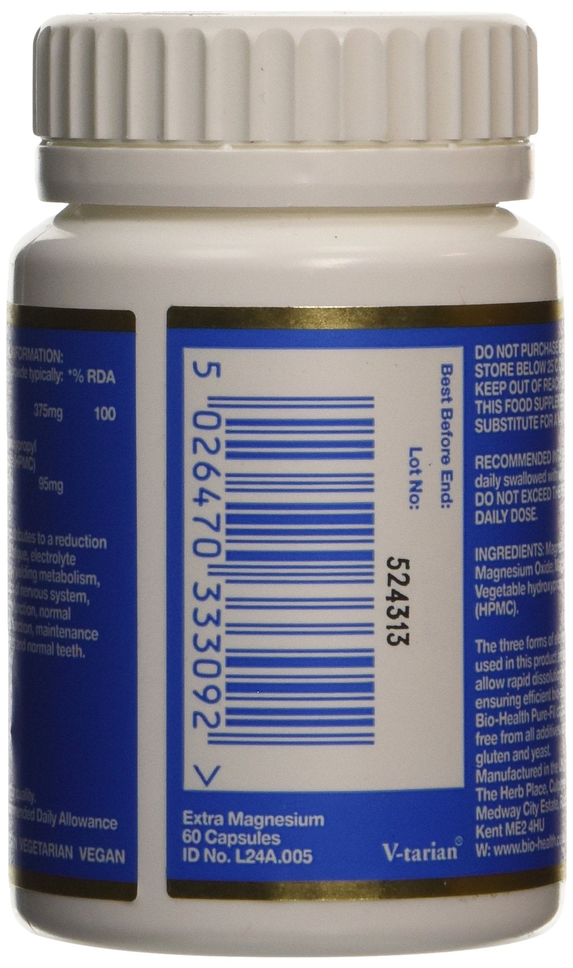 Bio-Health Extra Magnesium Food Supplement for General Health, Supports Normal Function of Nervous System, Beneficial for Bones and Muscular Function, Additive Free, 60 Capsules