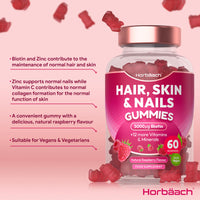 Hair Skin and Nails Vitamins | 5000µg Biotin, Zinc, Vitamin C, E & More! 60 Vegan Gummies | Supplement for Women and Men | by Horbaach