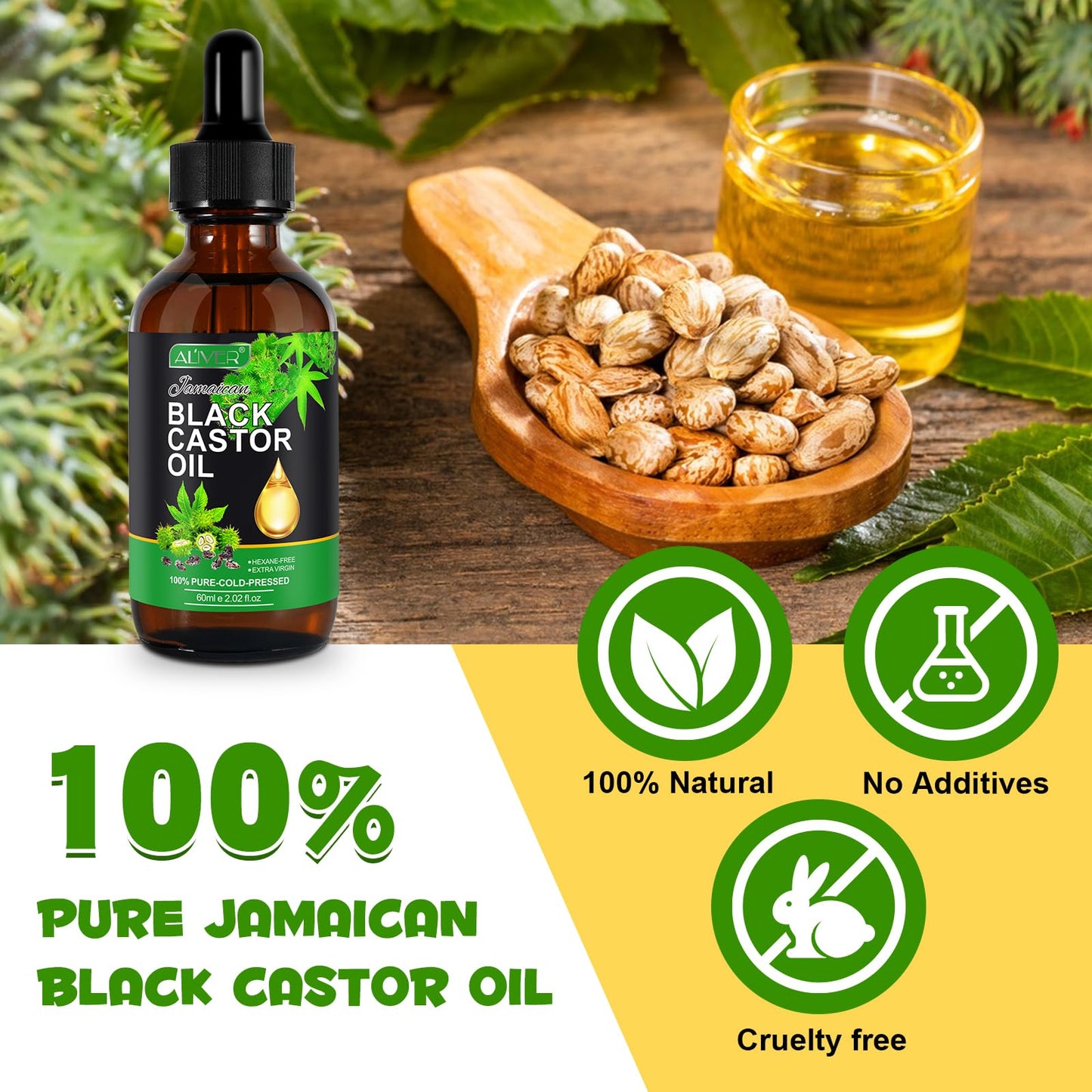 Jamaican Black Castor Oil,60ML Massage Oil for Aromatherapy, 100% Pure Natural Cold Pressed Organic Castor Oil, Stimulate Growth for Hair, Eyelashes, Eyebrows, Skin Moisturizer & Hair Oil and Body Oil