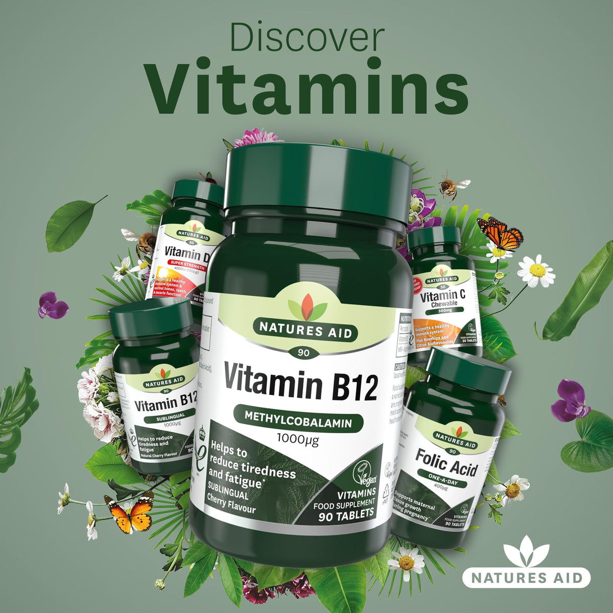 Natures Aid Vitamin B12 1000µg – High Strength Sublingual Tablets – Supports Energy, Metabolism & Nervous System – Vegan, Non-GMO, Gluten-Free Supplement – 90 Tablets