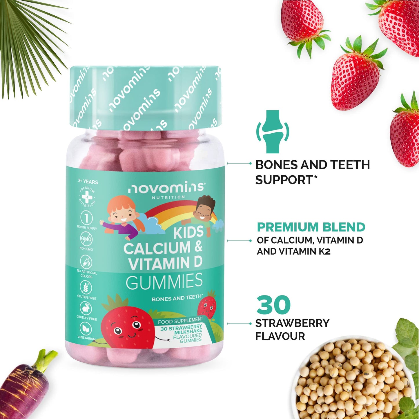 Calcium Gummies for Kids - Healthy Bones & Teeth - Vegetarian - 1 Month Supply – Chewable Childrens Calcium Supplement – 30 Chewable Kids Vitamins – Infused with Vitamin D & K2- by Novomins