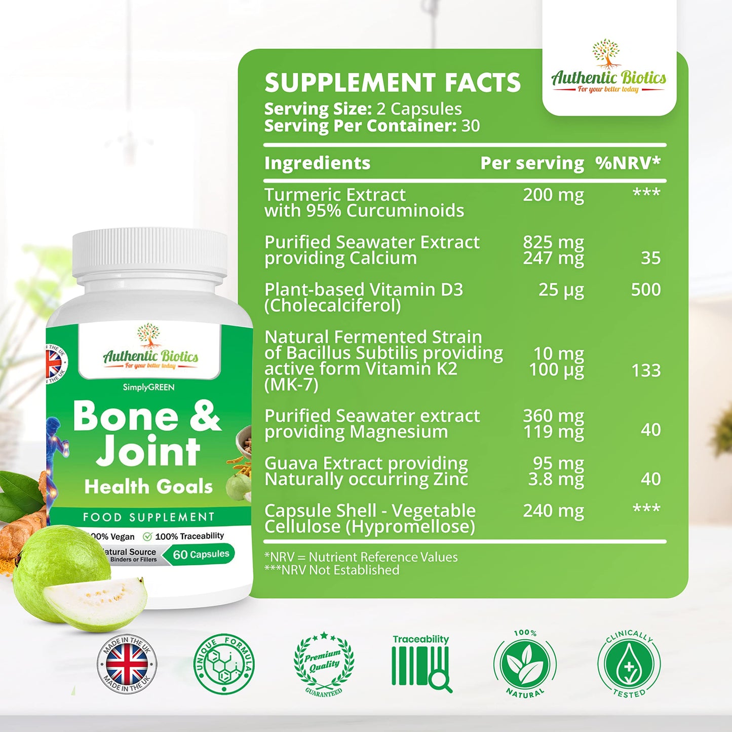 Authentic Biotics – 60 100%Natural Multivitamins for Men & Women, Vegan Vitamin D3, Calcium Magnesium Zinc K2 & Turmeric with Curcuminoids, Multivitamin and Minerals for Bone Health & Joint Care