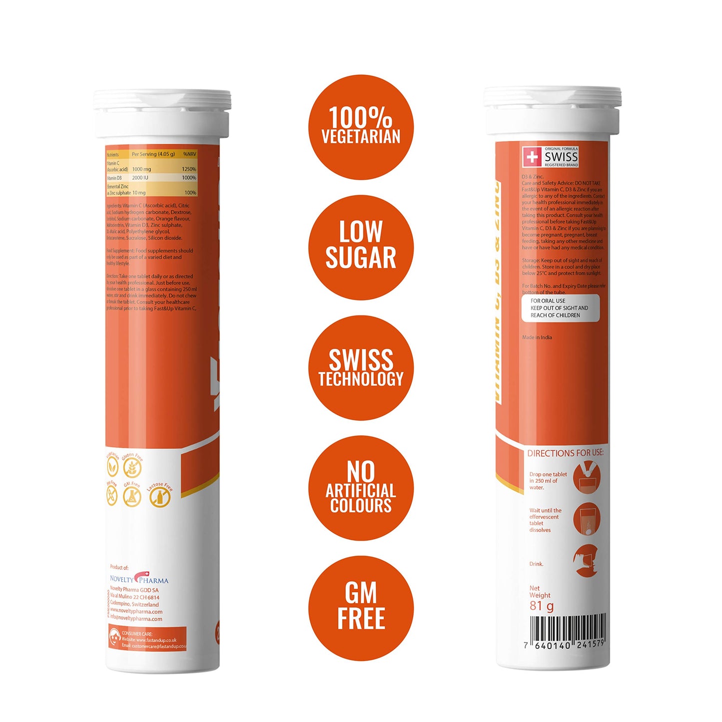 Fast&Up Vitamin C, Vitamin D & Zinc - 20 Effervescent Tablets - Complete Immunity Support - Best Defence - One Daily - Orange Flavour