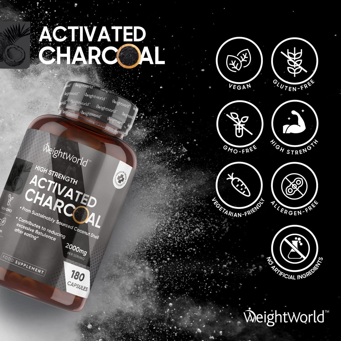 Activated Charcoal Capsules 2000mg - 180 Vegan Capsules (Not Activated Charcoal Tablets) - Coconut Charcoal Digestion Supplement from Sustainably Sourced Coconut Shell – Reduce Excessive Flatulence.