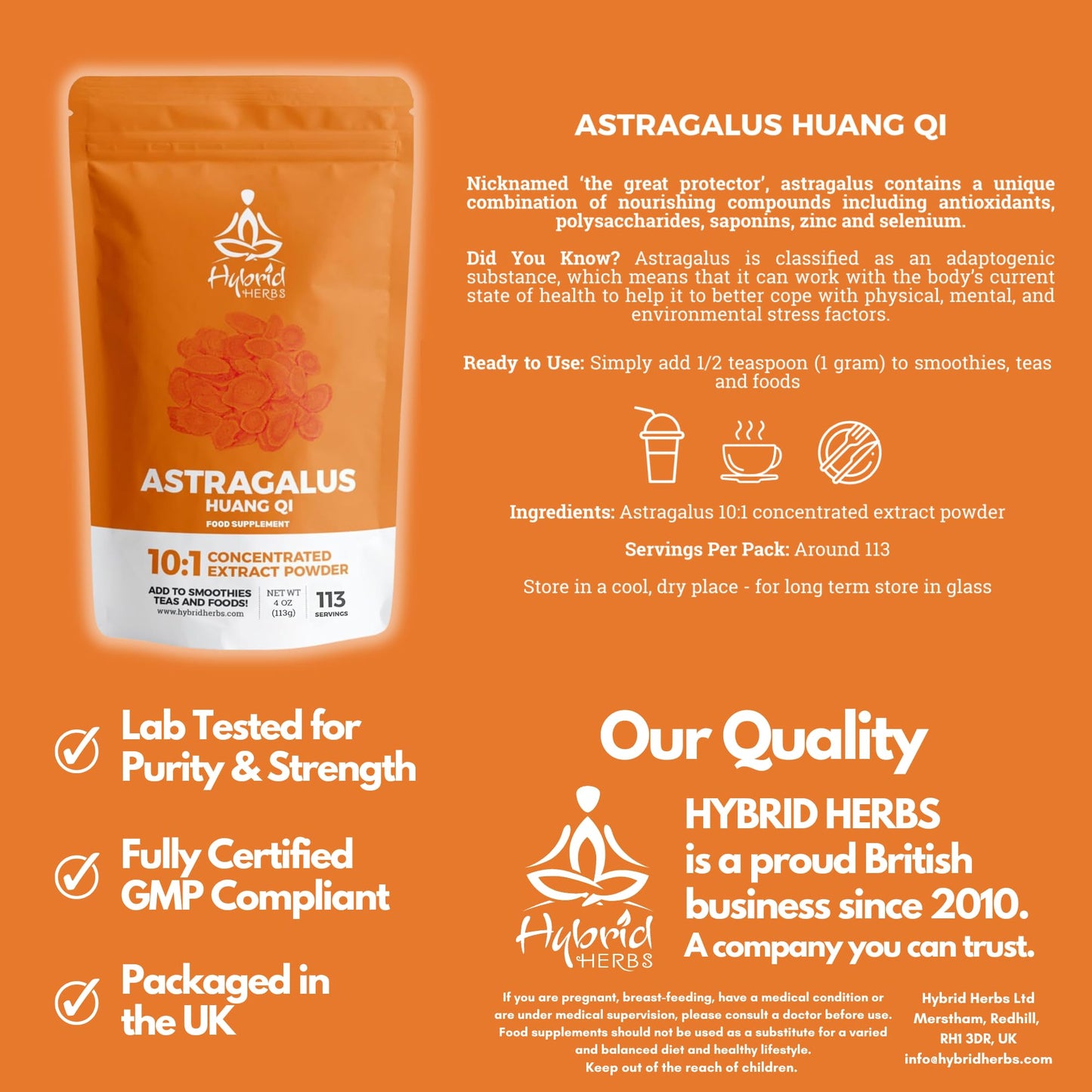 Hybrid Herbs HYBRID HERBS - Astragalus Powder | High Potency Supplement - 113 Servings (113g)